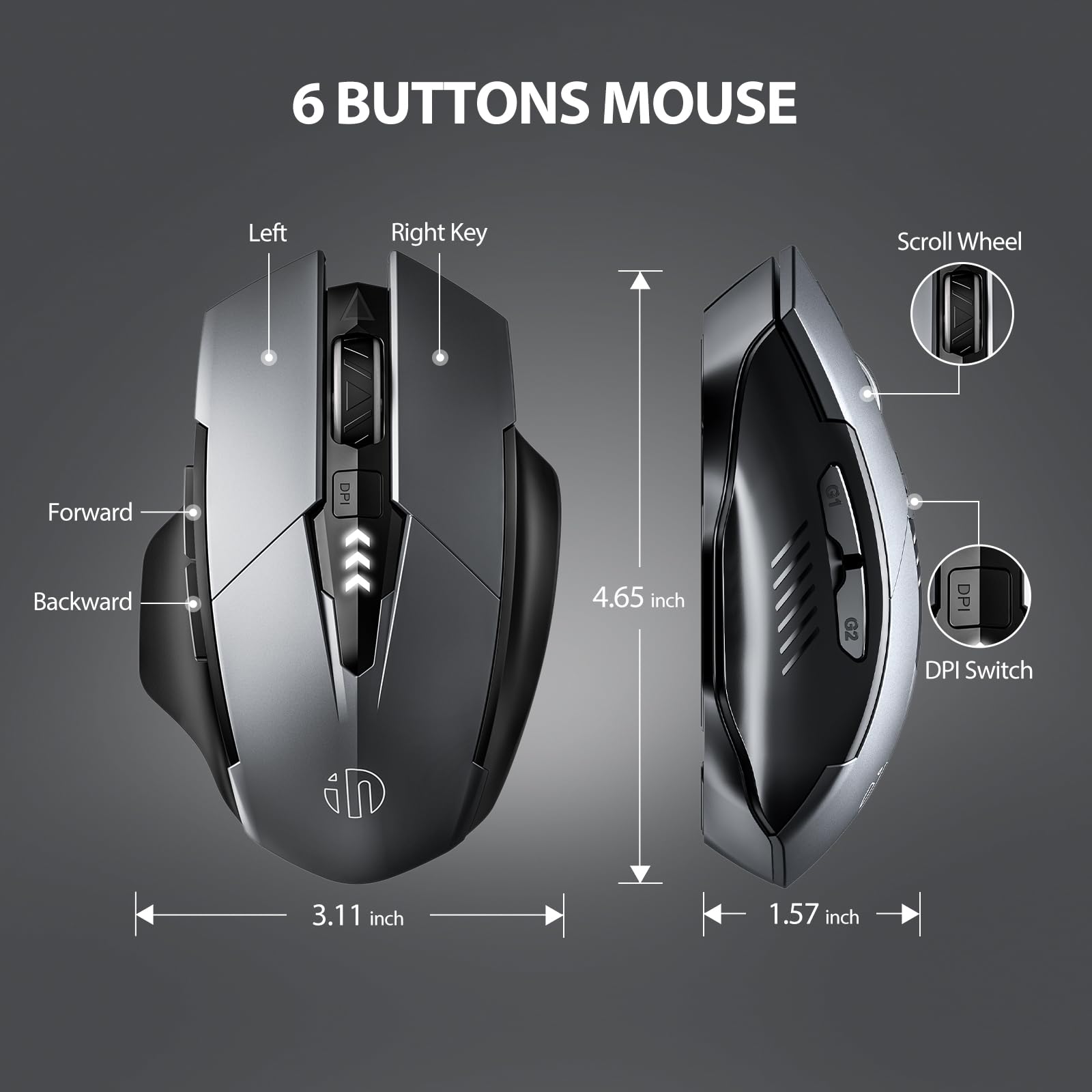 INPHIC Rechargeable Wireless Bluetooth Mouse - Tri-Mode (BT 5.0/4.0 + 2.4G) Multi-Device Silent Mouse with Battery Indicator, Ergonomic Gray Computer Mouse for Laptop, PC, MacBook & Office Work