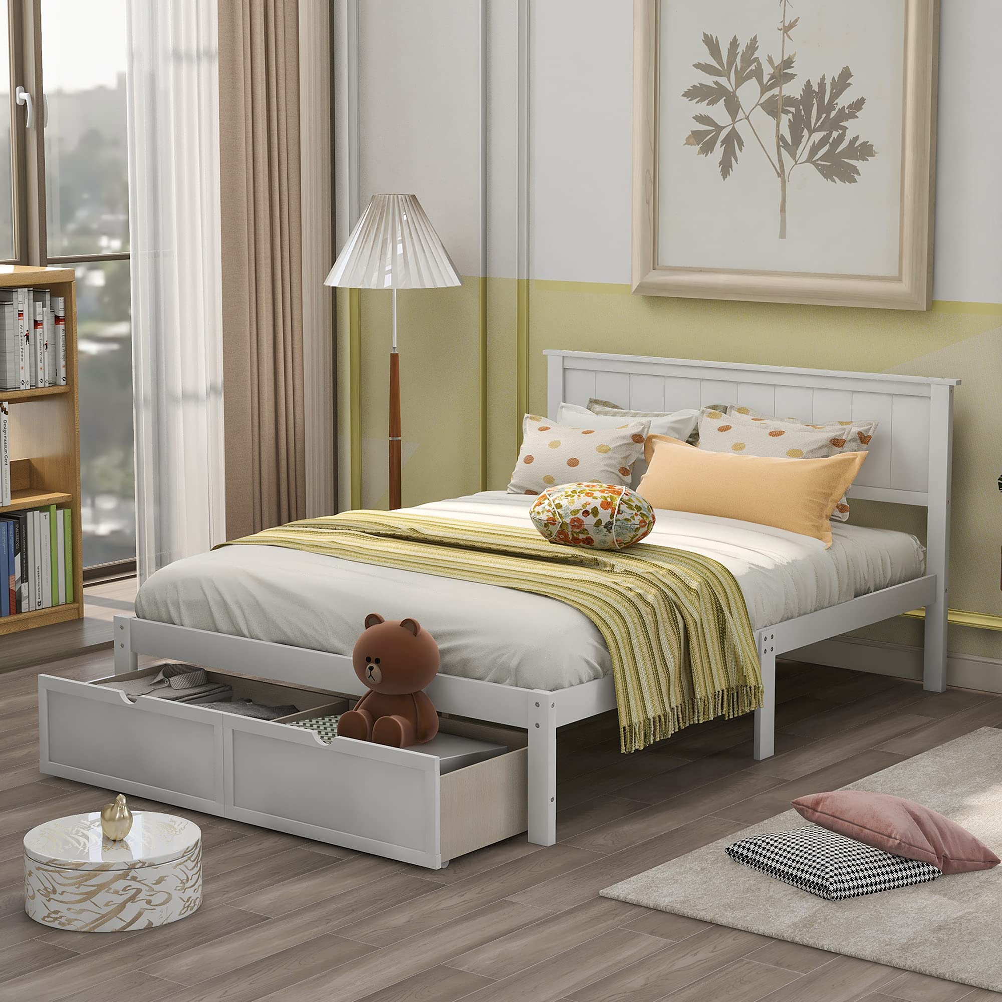 P PURLOVE Full Size Platform Bed Frame with Under-Bed Storage Drawer & Wood Slat Support - White - Modern Bedroom Furniture for Small Spaces & Guest Rooms