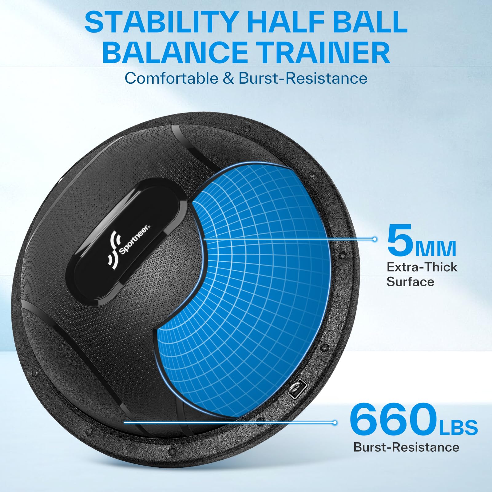 Sportneer Half Balance Ball - Inflatable Exercise Ball Trainer with Resistance Bands & Pump - Non-Slip Yoga Ball for Stability, Core Training, Physical Therapy - Home Gym Equipment for Yoga, Pilates, Fitness & Rehabilitation Workouts
