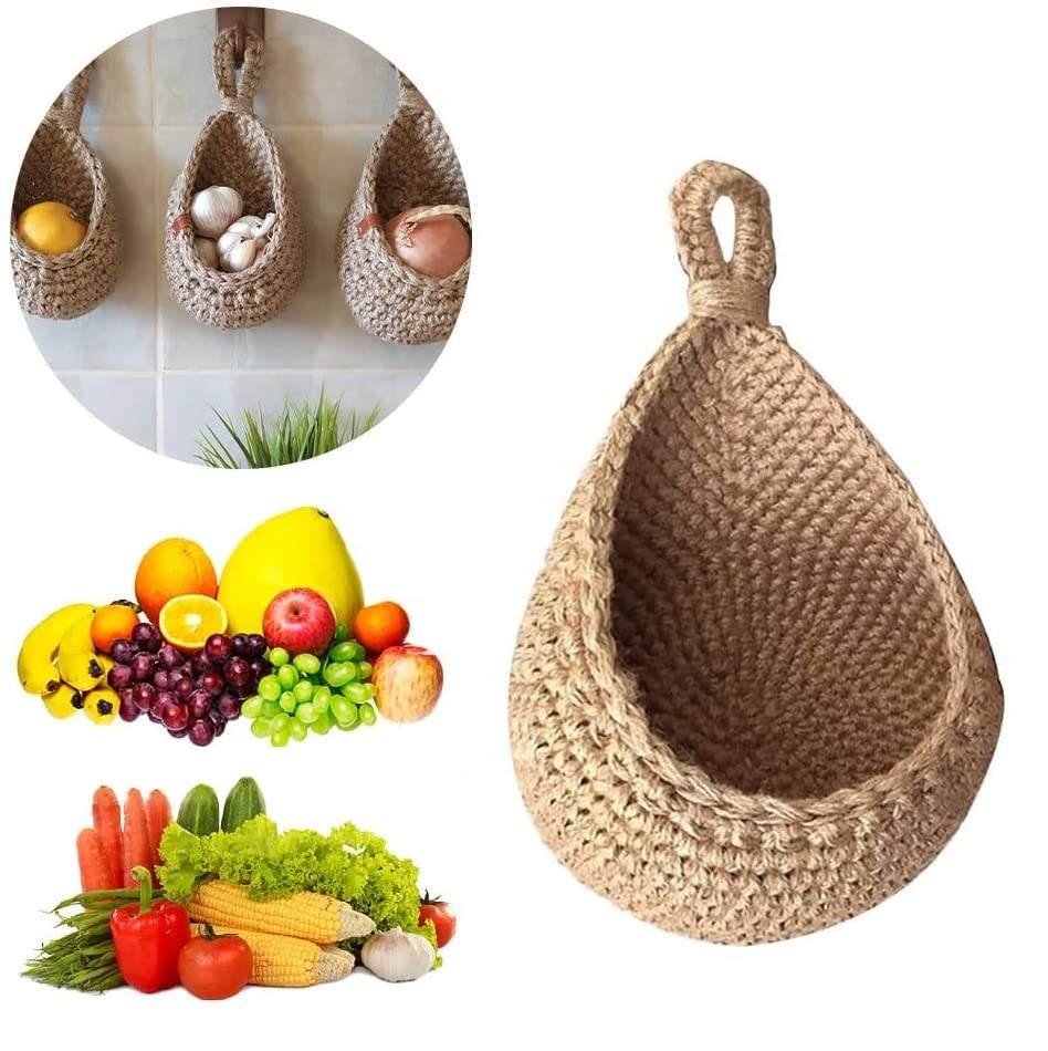 Eco-Friendly Jute Teardrop Hanging Basket - Boho Handwoven Wall Storage for Fruits & Vegetables (XS) | Perfect for Kitchen, Pantry, or Farmhouse Decor