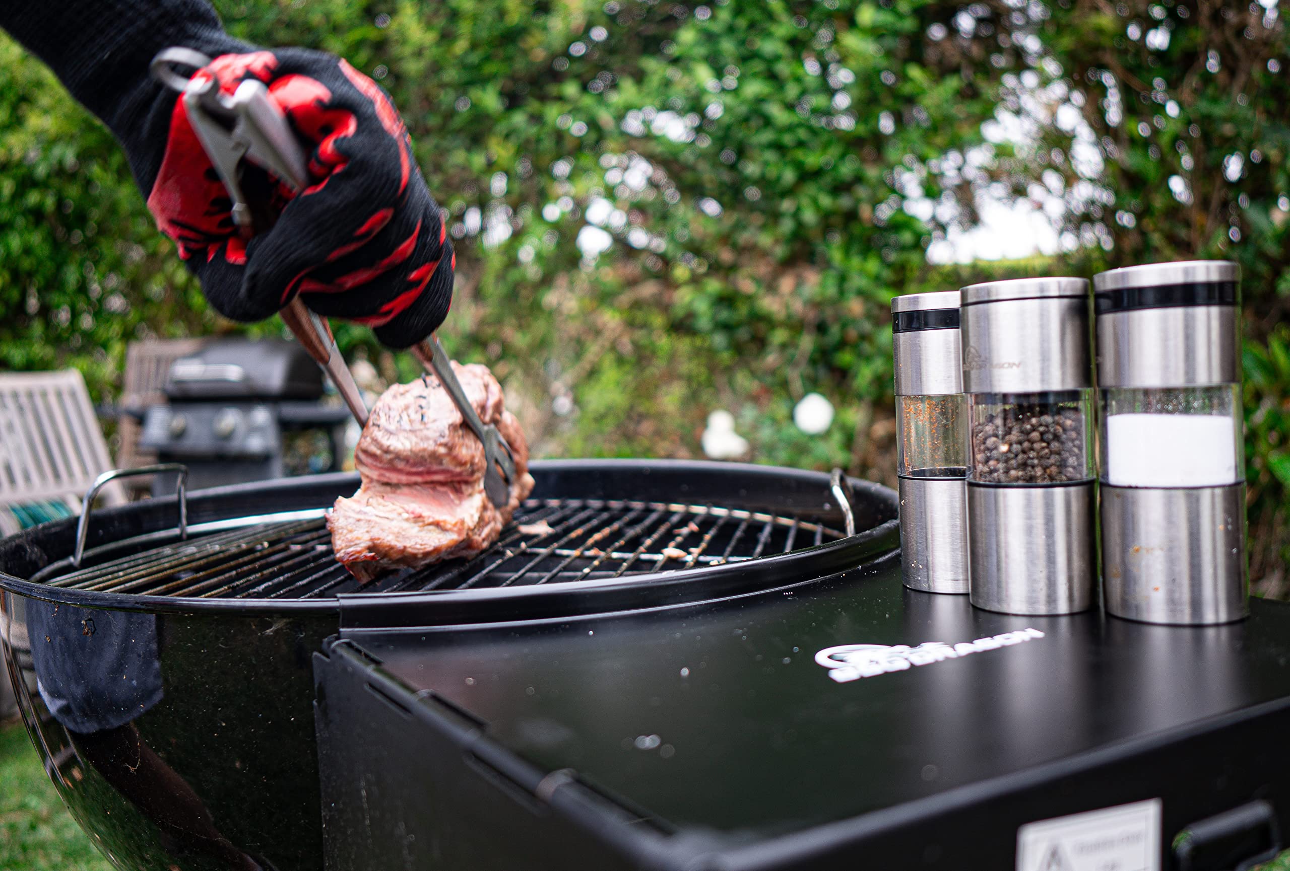 BBQ Dragon 3-Piece Magnetic Stainless Steel Salt and Pepper Shakers Set - Refillable Adjustable Grinder for Kitchen, Grill & Outdoor Cooking | Durable Spice Dispenser for BBQ, Camping & Dining Table