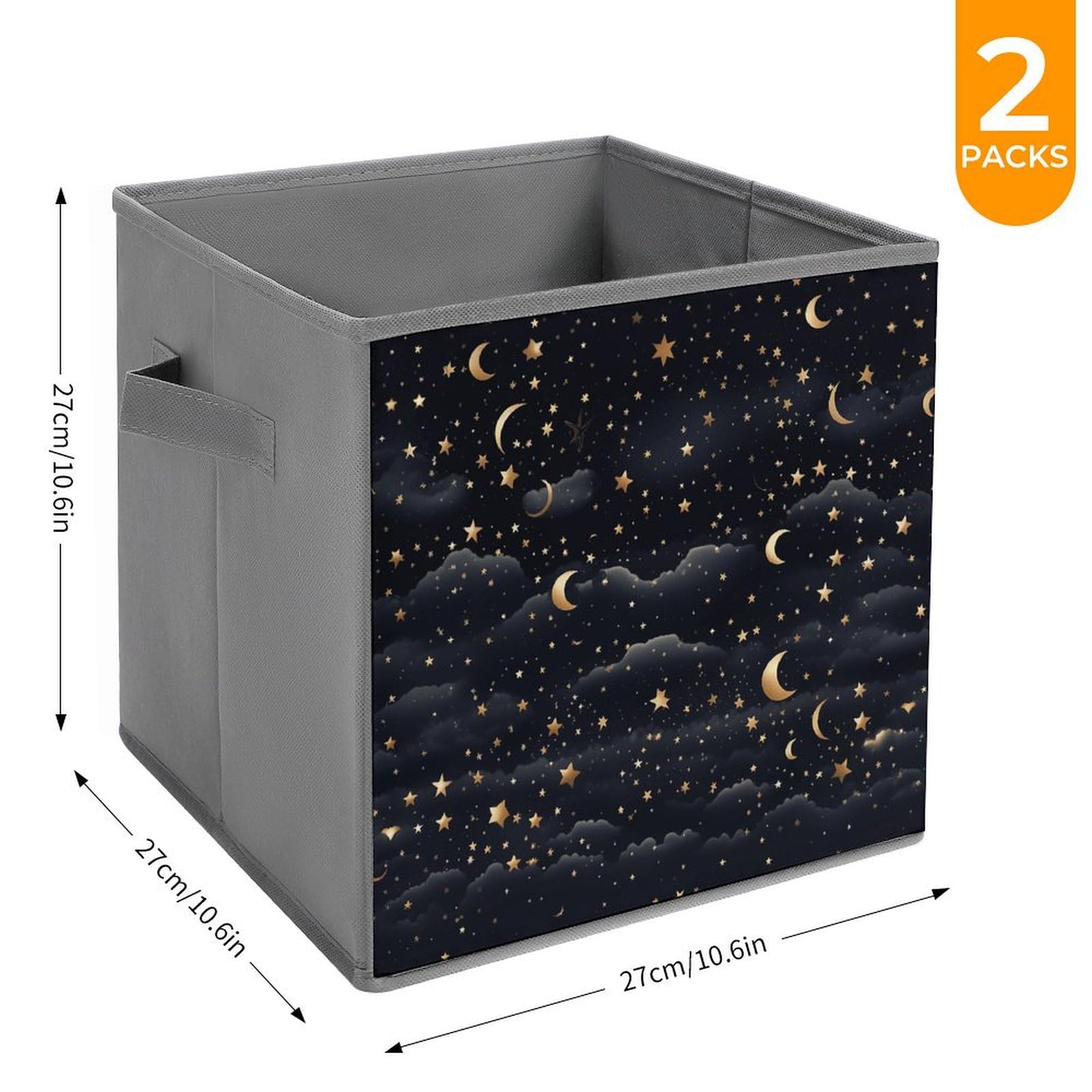 2PCS Collapsible Storage Bins with Dual Handles - Foldable Fabric Storage Baskets Organizer Cubes with Stars & Moon Pattern for Clothes, Toys, Home Organization - Perfect for Bedroom, Closet, Nursery & Office Storage Solutions