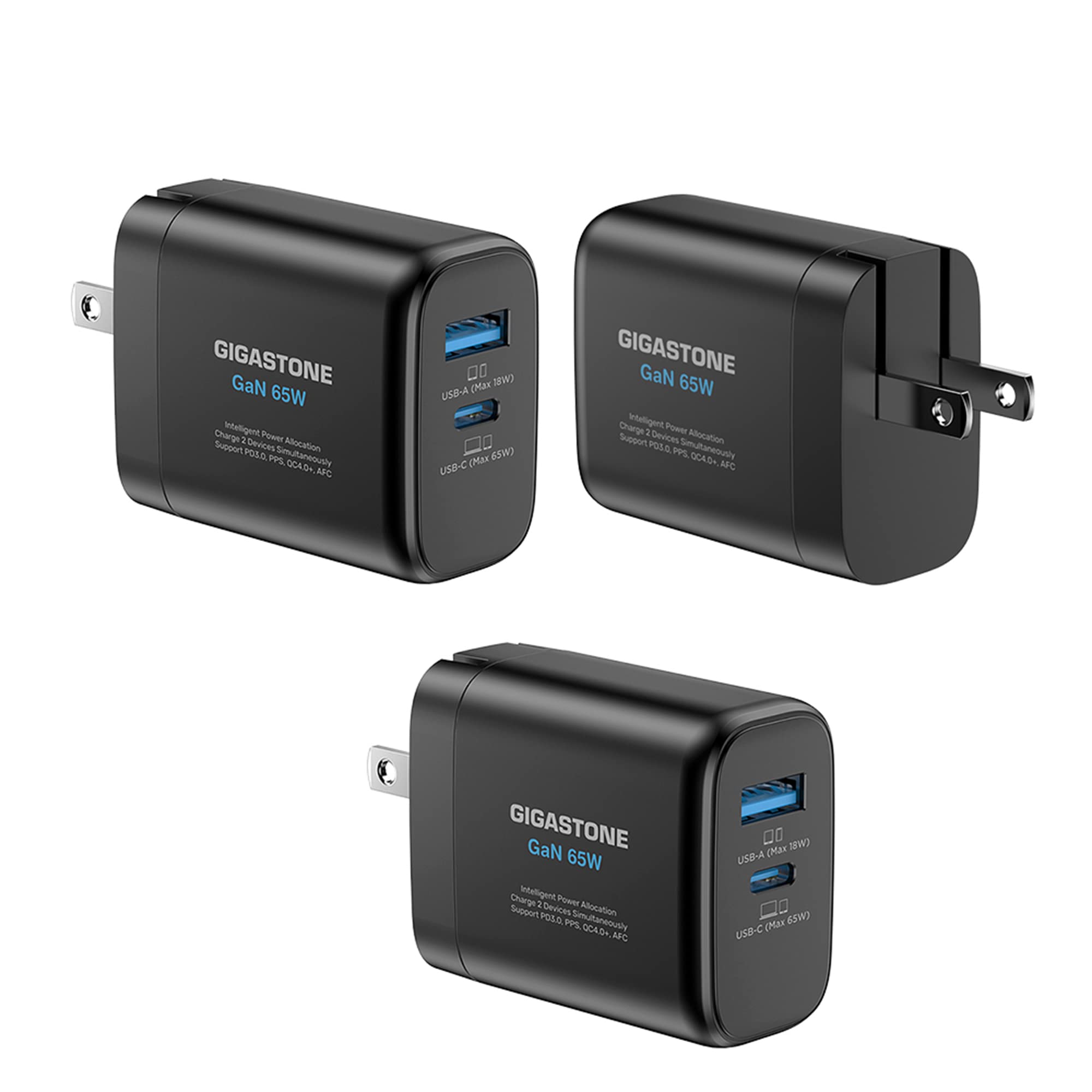 Gigastone 65W GaN Fast Charger [3 Pack] - Dual USB C & USB A Ports with PPS, Foldable Plug for Travel, Intelligent Power Allocation - Compatible with MacBook Air/Pro, Dell XPS, iPad, iPhone 16/15, Galaxy S24 - Perfect for Home, Office & Travel Charging
