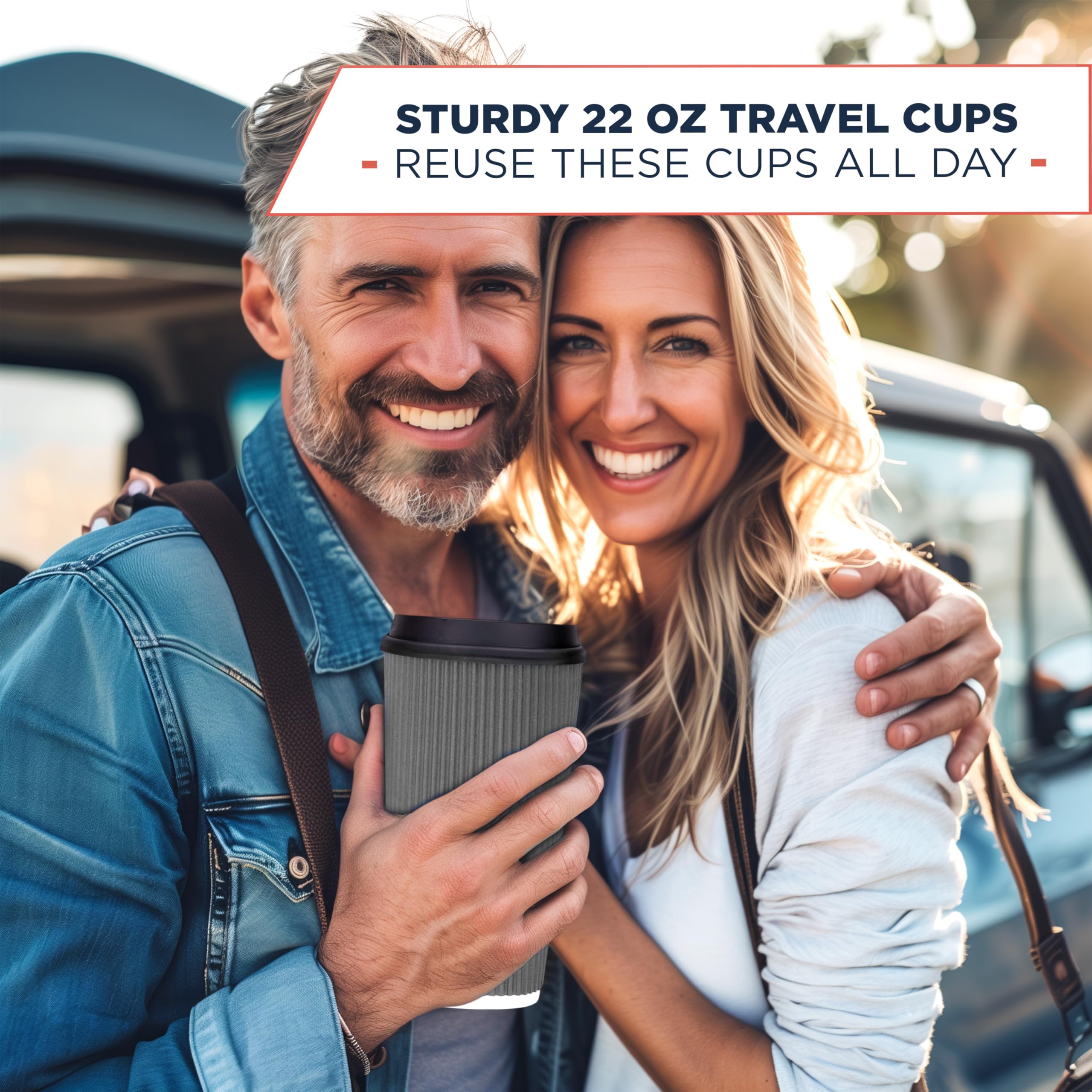 22 oz Disposable Coffee Cups with Lids - Insulated Travel To-Go Paper Cups for Hot & Cold Beverages, No Sleeve Needed (25 Pack, Dusk Grey) - Perfect for Office, Commuting, Road Trips and Outdoor Adventures