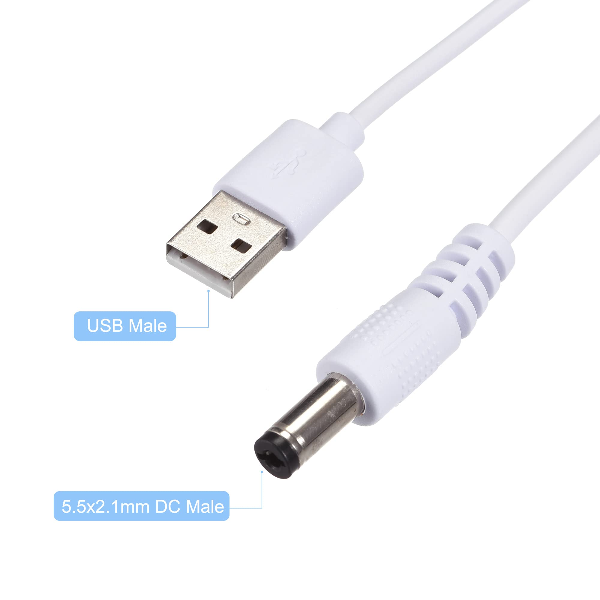 MECCANIXITY USB to 5.5x2.1mm DC Power Cable with ON/OFF Switch - 150cm White Extension Cord for LED Desk Lamps, LED Strips - Perfect for Home Office Lighting and DIY Projects