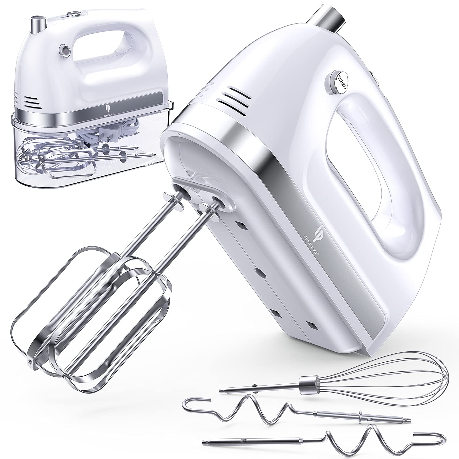 400W Electric Hand Mixer - 5 Speed Handheld Blender with 5 Stainless Steel Attachments & Storage Box - Kitchen Mixer for Baking, Whipping Cream, Cookies (Dishwasher Safe, White) - Perfect for Home Baking, Cake Decorating & Holiday Cooking