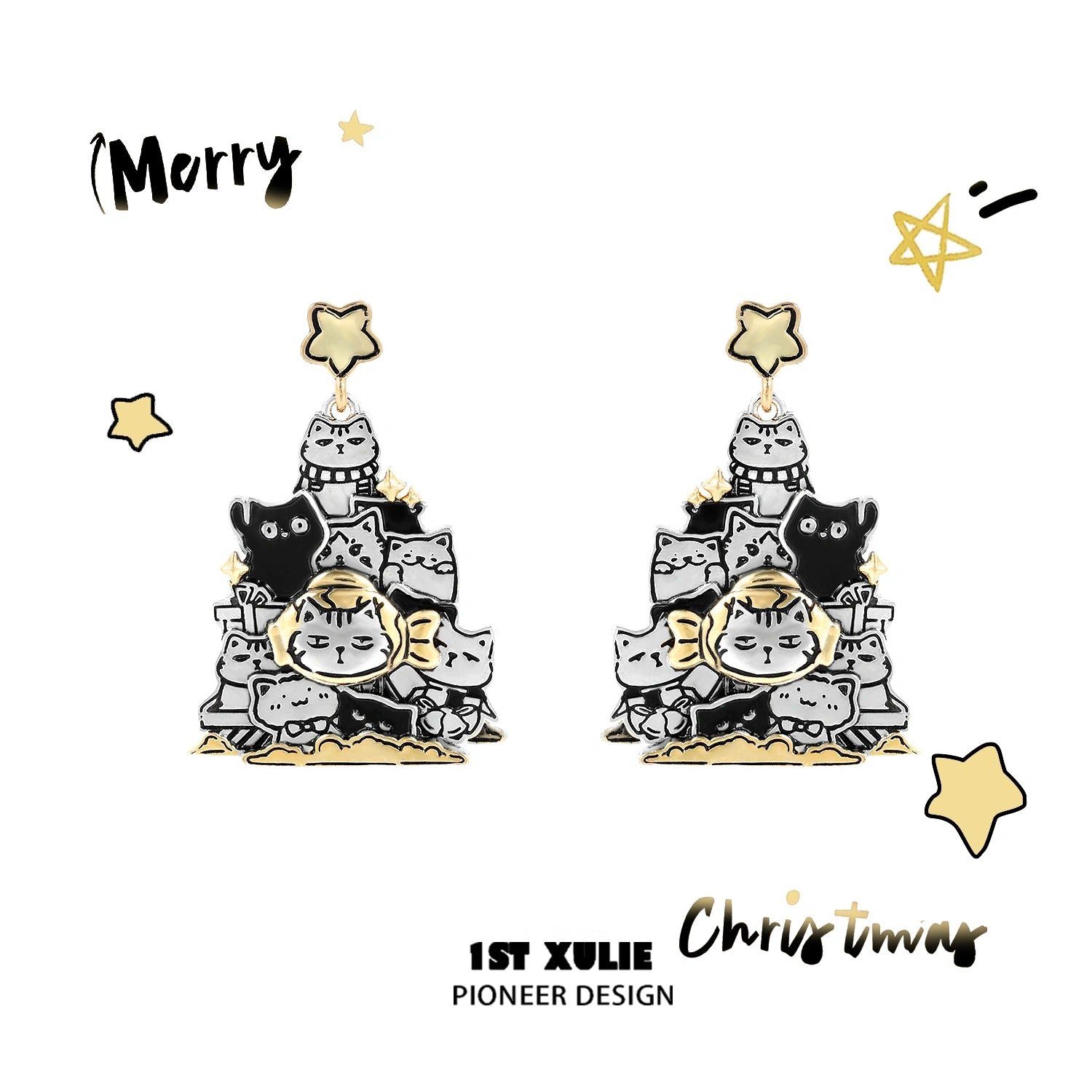 2024 Christmas Graffiti Kitten Stud Earrings - S925 Sterling Silver with 18K Gold Plating | Holiday Party Jewelry Gift for Women
