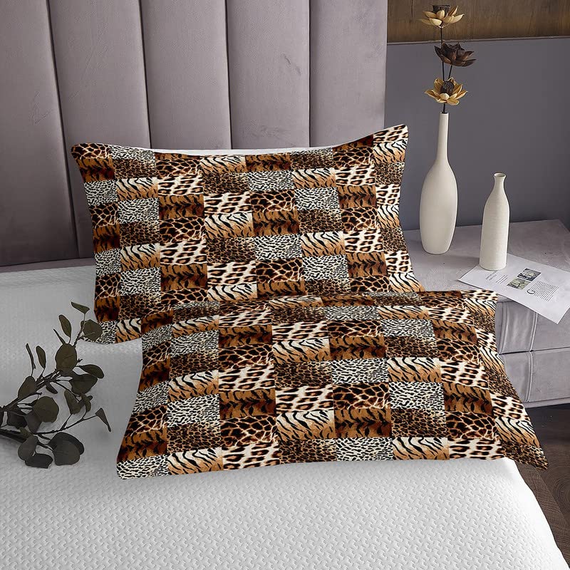 Jejeloiu Leopard Print Quilted Coverlet Set - Cheetah Pattern Bedspread for Kids, Boys & Girls, Safari Theme Plaid Grid Brown King Size with 2 Pillowcases | Perfect for Children's Room Decor, Jungle Themed Bedrooms & Wild Animal Lovers