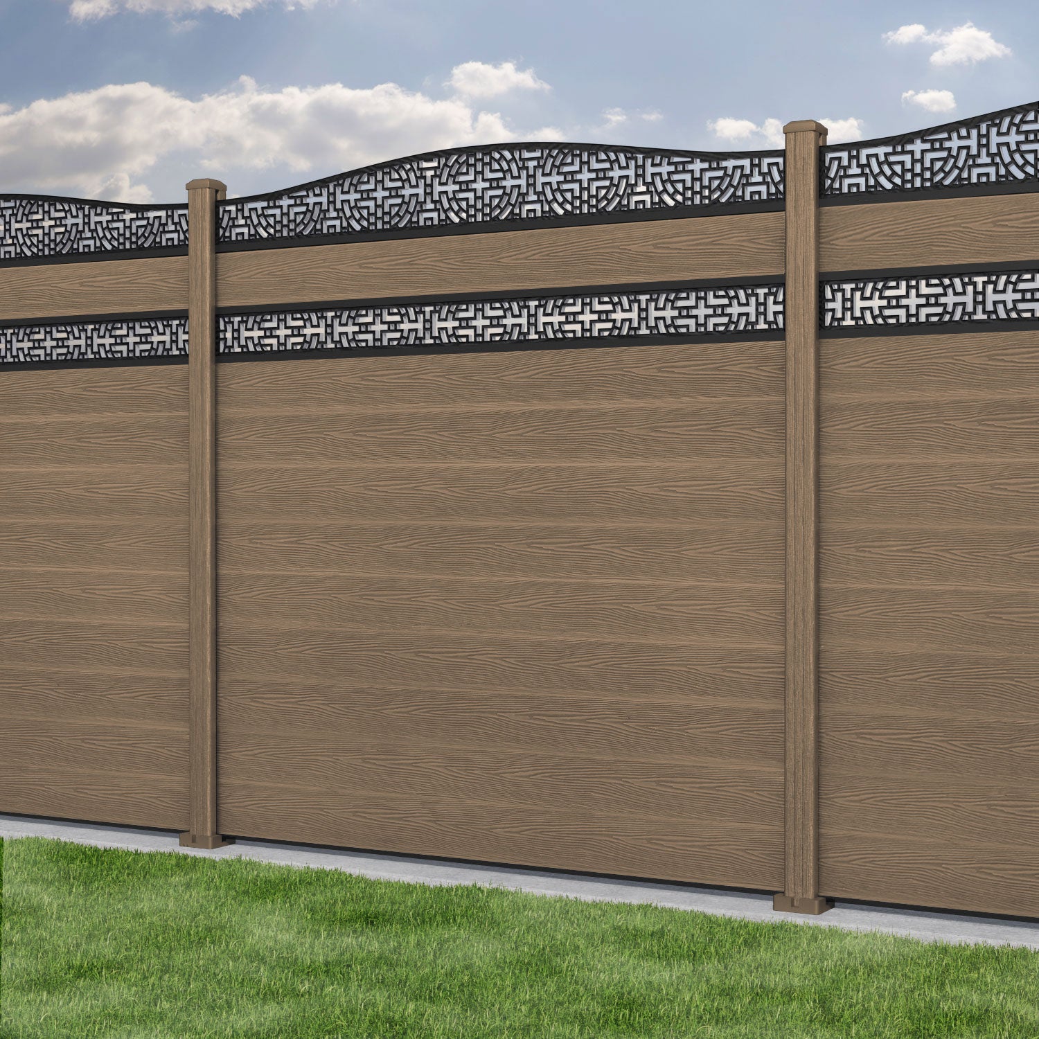 Premium Teak Kumo Curved Top Split Screen Fence Panel with Composite Posts - Elegant Privacy Fencing for Backyard, Garden & Pool Areas