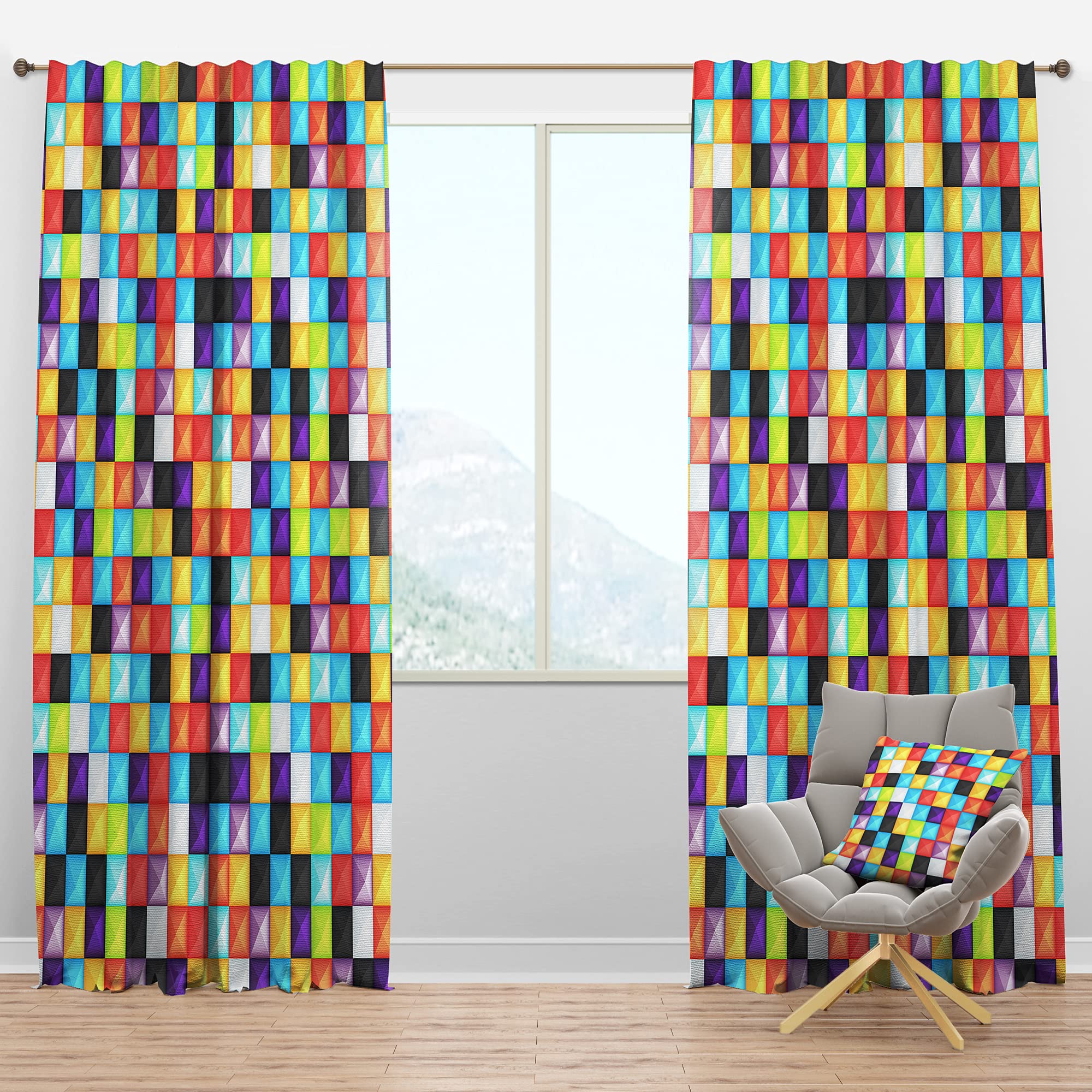 Blackout Curtains 'Bright 3D Squares' - Thermal Insulated Single Panel (52x90 inches) for Bedroom & Living Room - Noise Reducing & Energy Saving Window Drapes - Perfect for Home Theater, Nursery & Shift Workers