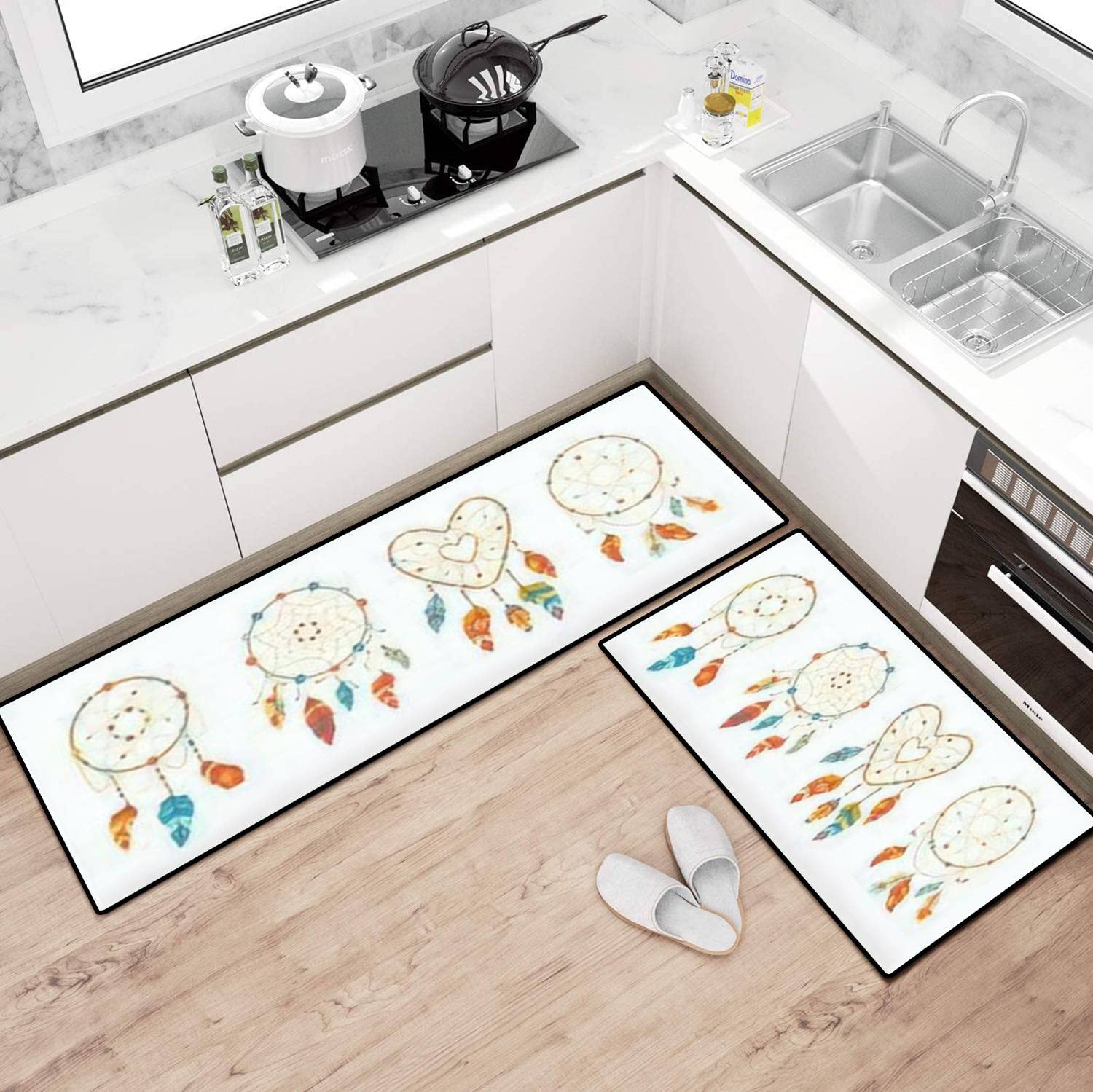 Dreamcatcher Feather Kitchen Rugs Set - Non-Slip Washable Cartoon Ethnic Design Floor Mats for Kitchen, Bath & Entryway - Colorful Standing Comfort Decor for Home & Office Use