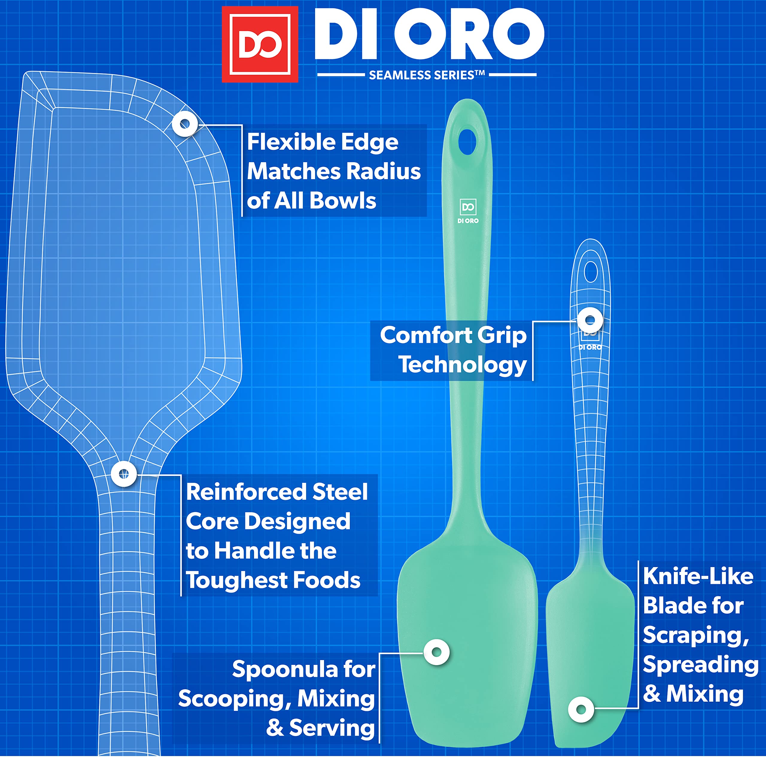 DI ORO Premium Silicone Spatula Set - 3-Piece Heat-Resistant Kitchen Spatulas (600°F) for Baking, Cooking & Mixing - BPA-Free Rubber Scrapers for Nonstick Cookware - Dishwasher Safe (Mint Green) - Perfect for Cakes, Cookies & Pancakes