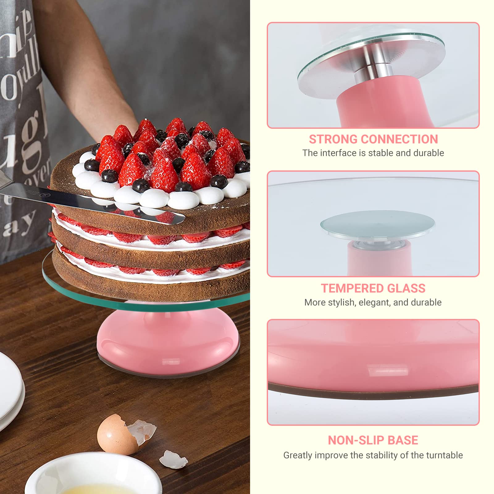 12 Inch Pink Glass Cake Turntable - Premium Cake Spinner Stand for Baking & Decorating | Perfect for Birthday Cakes, Wedding Cakes, Cupcakes & Dessert Presentation | Essential Cake Decorating Supplies & Tools for Home Bakers & Professionals
