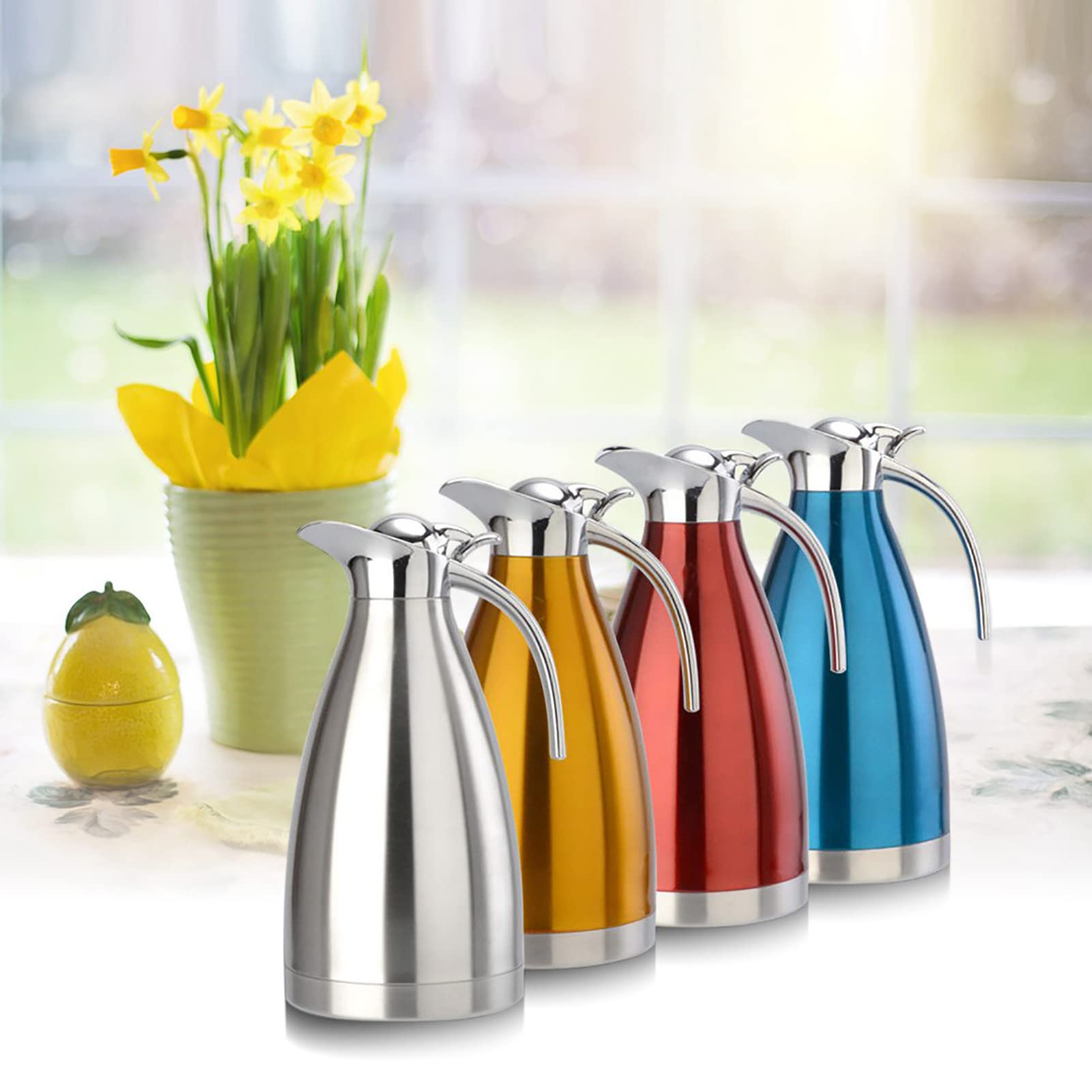 Haofy 1.5L/2L Stainless Steel Coffee Tea Pot - Double Wall Vacuum Insulated Thermos Jug for Hot & Cold Beverages, Thermal Carafe with Ergonomic Handle (2L Red) - Perfect for Home, Office, Camping & Outdoor Use