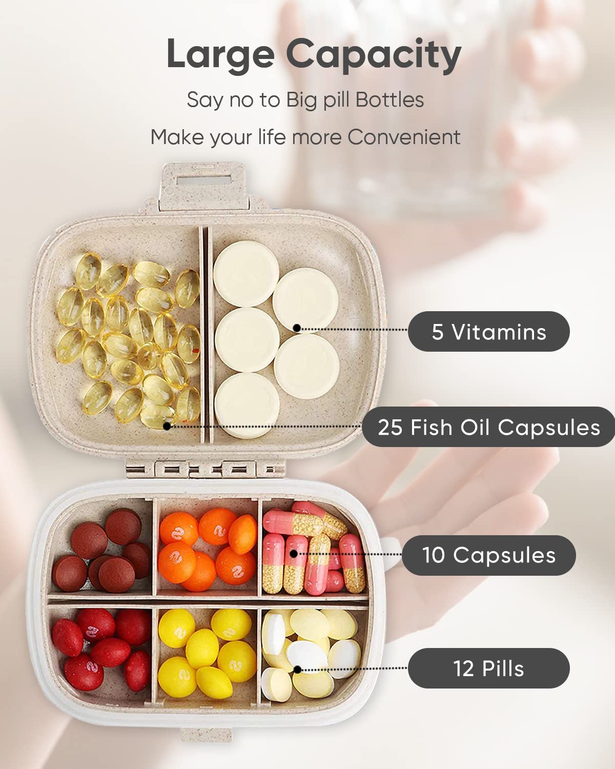 Holii 8-Compartment Travel Pill Organizer - Portable Daily Pill Case for Vitamins & Medicine - Compact Pill Box for Purse, Pocket & On-The-Go Use (Khaki) | Perfect for Travel, Work & Daily Medication Management