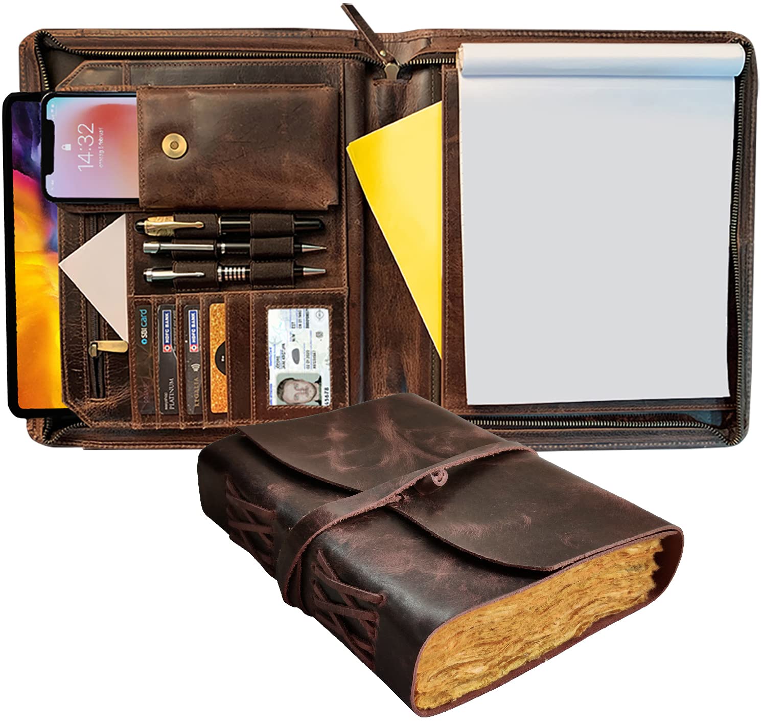 Premium Leather Portfolio & Vintage Leather Journal Set - Professional Business Organizer for Work, Office & Travel - Ideal Gift for Men & Women - Perfect for Meetings, Presentations & Daily Note-Taking