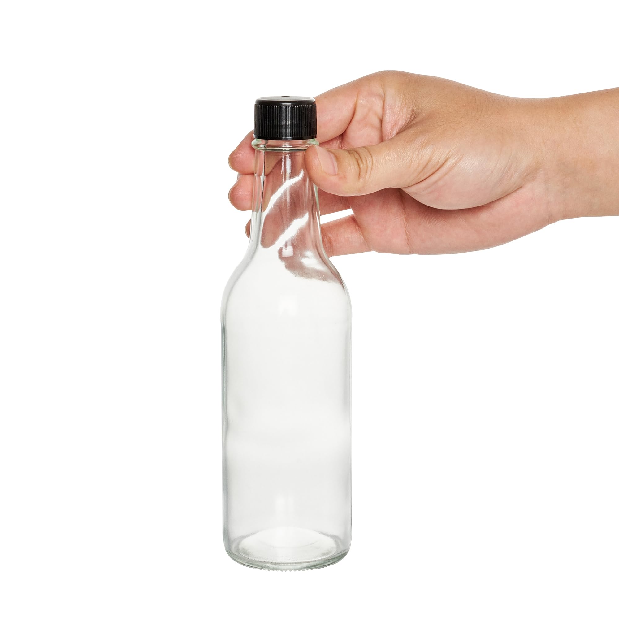 **Vetri 9 oz Clear Glass Woozy Bottles with Black Caps - 10-Pack Dishwasher Safe Empty Sauce Bottles for Hot Sauce, Salad Dressing, BBQ, Oil, Tinctures - Perfect for Restaurants, Catering & Home Kitchens**
