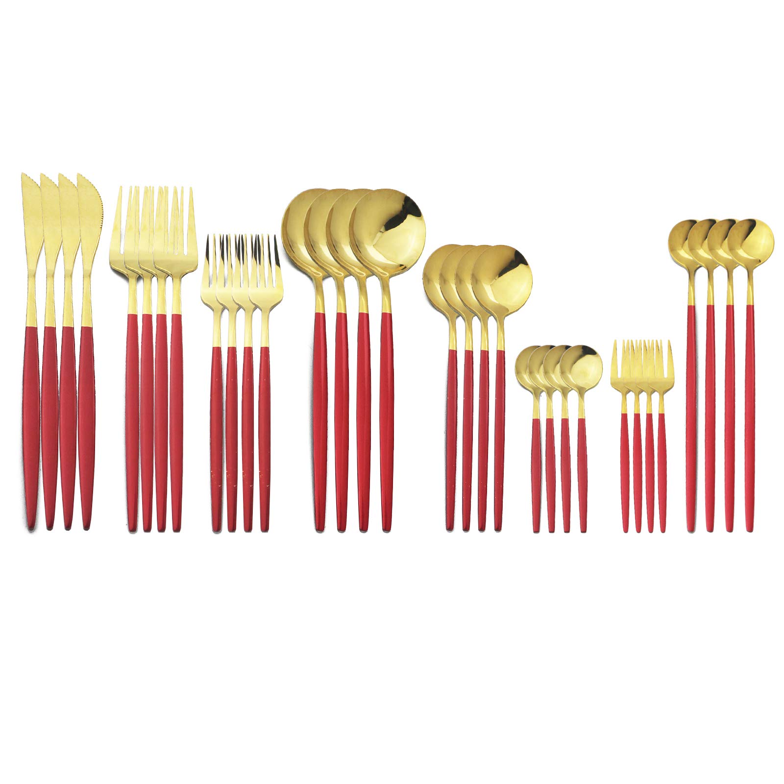 JASHII 32-Piece Stainless Steel Flatware Set - Silverware Cutlery with Cake Fork & Long Handle Spoons for 4, Elegant Tableware (Red & Gold) - Dishwasher Safe - Perfect for Dinner Parties, Weddings & Fine Dining