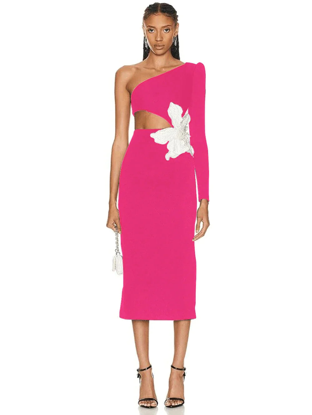 2023 Sexy One Shoulder Long Sleeve Bandage Midi Dress for Women - Floral Lace Hollow Out Bodycon Party Dress for Evening, Club, Date Night & Special Occasions