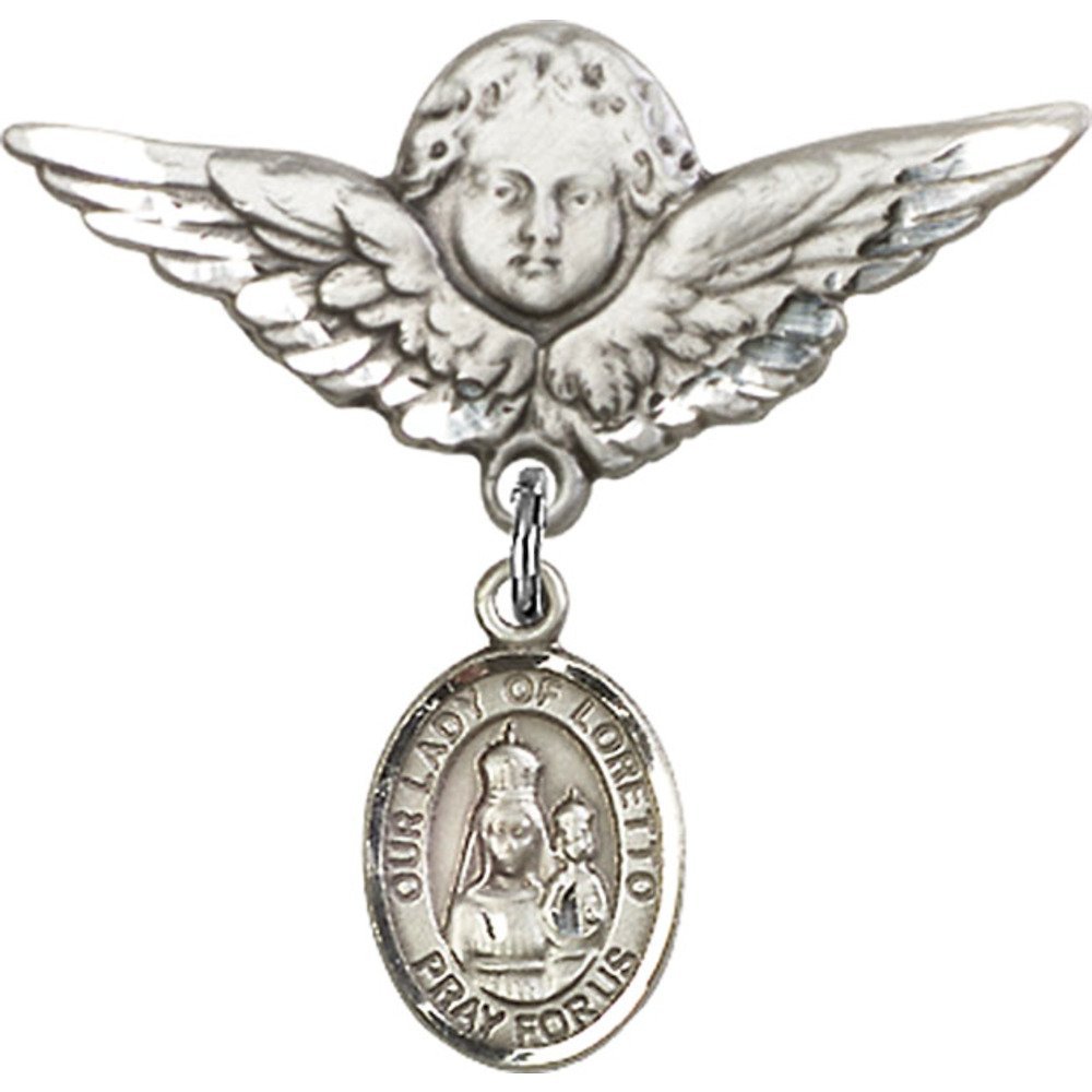 Sterling Silver Baby Badge Pin with Our Lady of Loretto Charm & Angel Wing Charm - 1 1/8 X 1 1/8 Inches - Perfect for Christening Gifts, Baby Blessings & Religious Jewelry Collections
