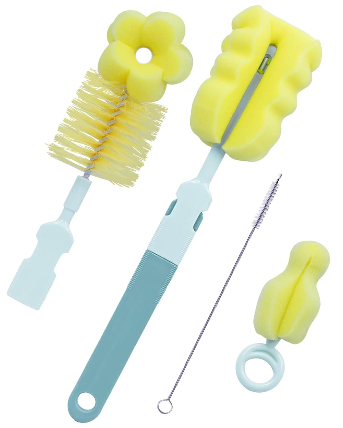 4-in-1 Baby Bottle Brush Cleaning Kit with Sponge Brush, Nipple Cleaner, Straw Brush & Long Handle - Safe for Glass & Plastic Nursing Bottles - Perfect for Newborn Feeding Essentials & Travel Baby Care