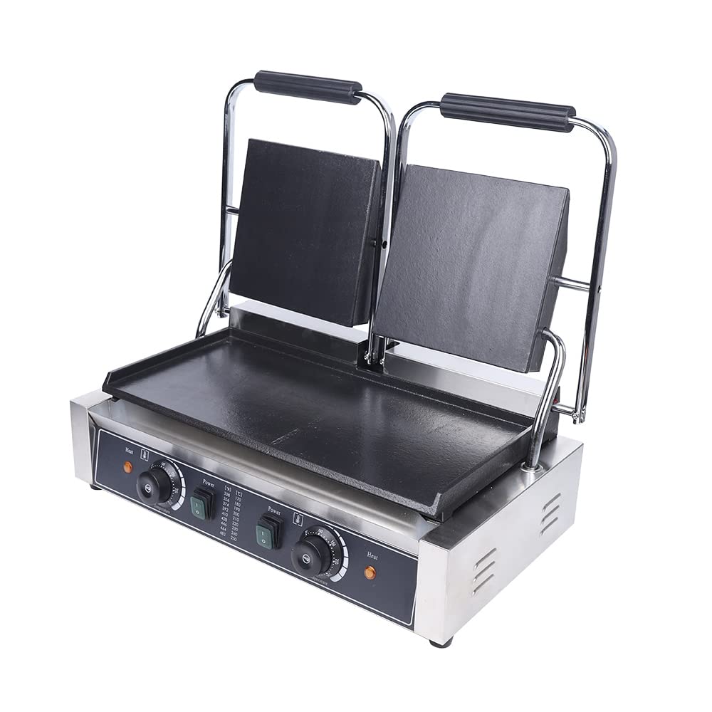 Commercial Panini Press Non-Stick Grill Griddle - 110V Electric Sandwich Toaster Maker with 122-572℉ Temperature Control - Perfect for Restaurants, Cafes, and Home Kitchens