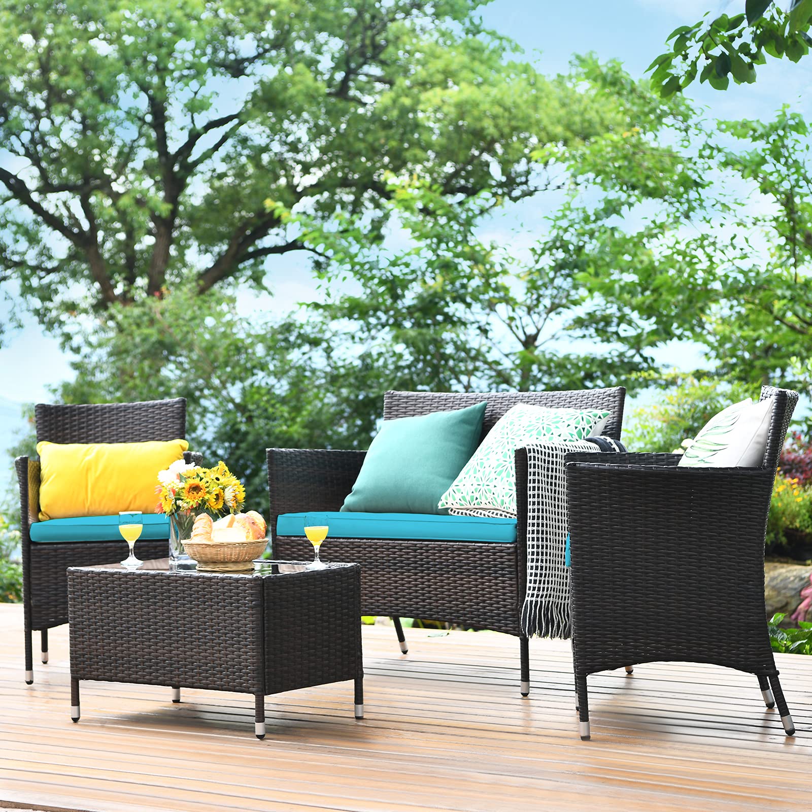 Tangkula 4-Piece Patio Rattan Conversation Set with Tempered Glass Coffee Table & Thick Cushions - Outdoor Wicker Furniture for Garden, Lawn, Poolside, Backyard - Perfect for Relaxing, Entertaining & Outdoor Dining