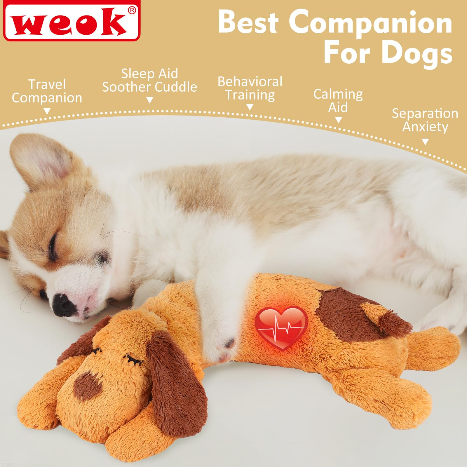 Heartbeat Puppy Toy for Dogs - Calming Aid & Anxiety Relief Stuffed Animal with Realistic Heartbeat, Comfort Cuddler Pillow for Puppy Sleep Aid | Perfect for Anxious Pets, New Puppies & Separation Anxiety Relief