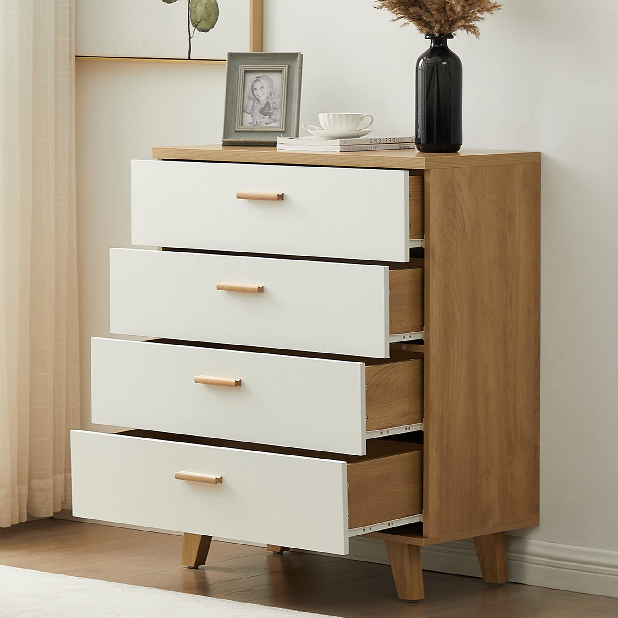 HABITRIO Wooden Storage Cabinet with 4 Drawers, Drawer Bar Cabinet with Handles & Foot Stand - Organizer for Living Room, Bedroom, Office | Perfect for Home Decor, Closet Organization & Entryway Storage