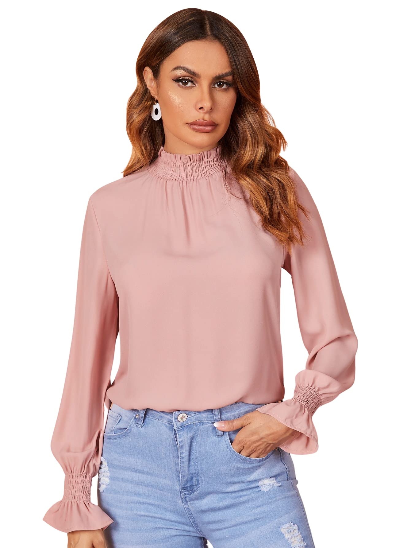 Romwe Women's Floral Print Long Sleeve Mock Neck Blouse - Elegant Work Shirt for Office & Business Casual Wear | Professional Women's Tops for Spring & Fall Seasons