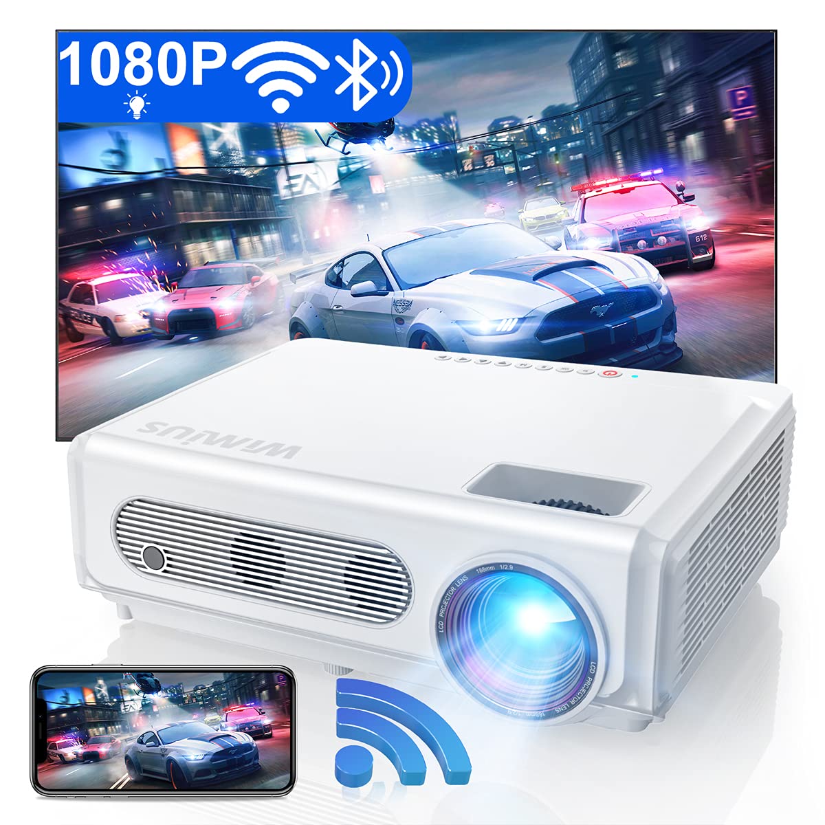 WiMiUS S6 1080P WiFi Projector with Bluetooth - Full HD Home Theater & Outdoor Movie Projector, 4K Supported, 50% Zoom, Compatible with Laptop, iPhone, Fire TV Stick, DVD - Perfect for Gaming, Movie Nights & Backyard Entertainment