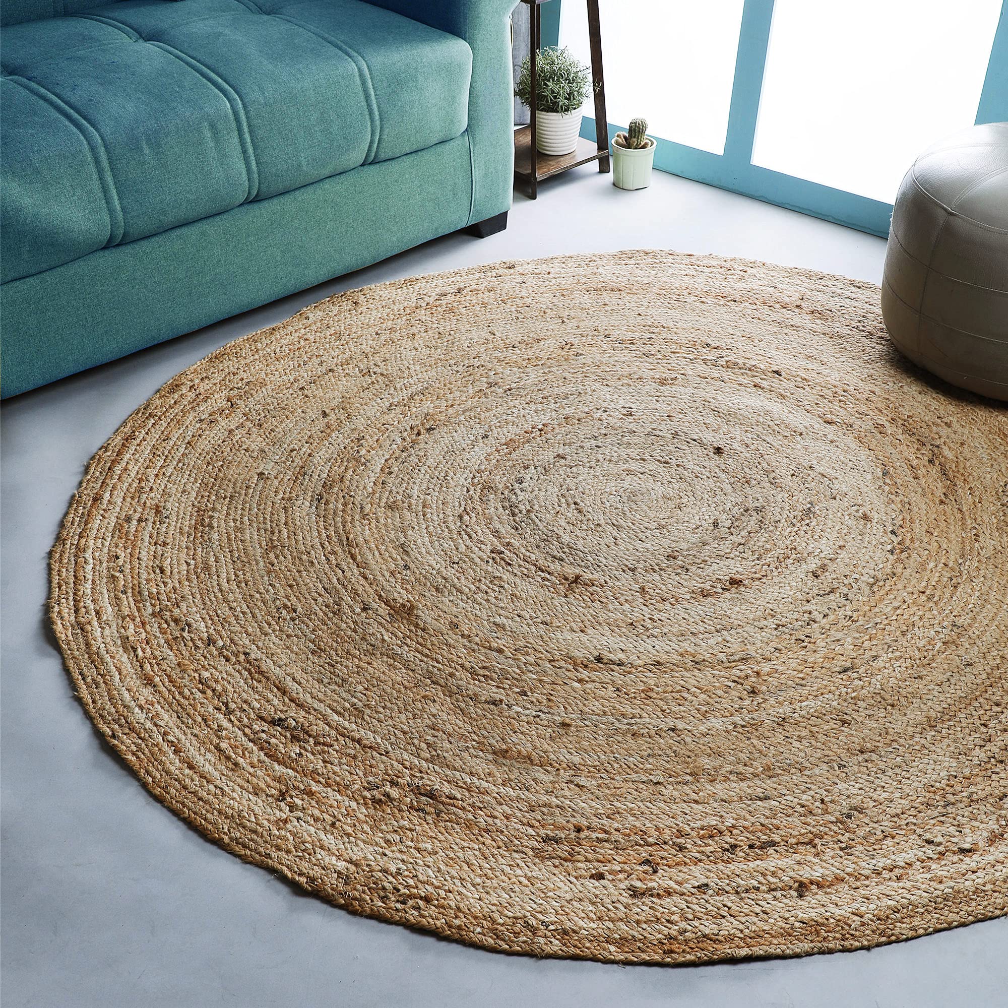 Hand Woven Jute Braided Round Rug 6 Feet - Natural Reversible Boho Farmhouse Floor Mat for Entryway, Kitchen, Living Room | Eco-Friendly Home Decor for Cozy Spaces