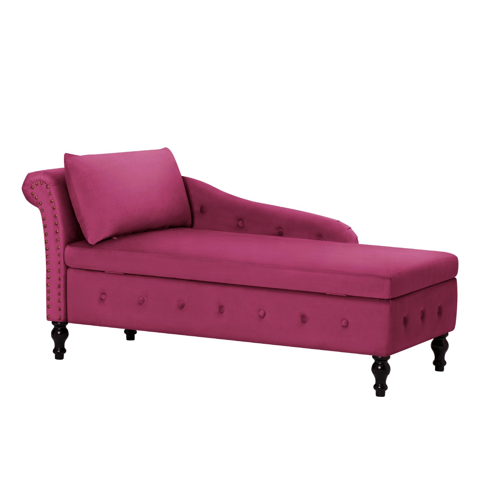 Velvet Upholstered Chaise Lounge with Left Armrest & Lumbar Pillow, Button Tufted Storage Sofa - Modern Lounge Chair for Bedroom, Living Room & Office - Perfect for Relaxing, Reading & Napping (Fuchsia)