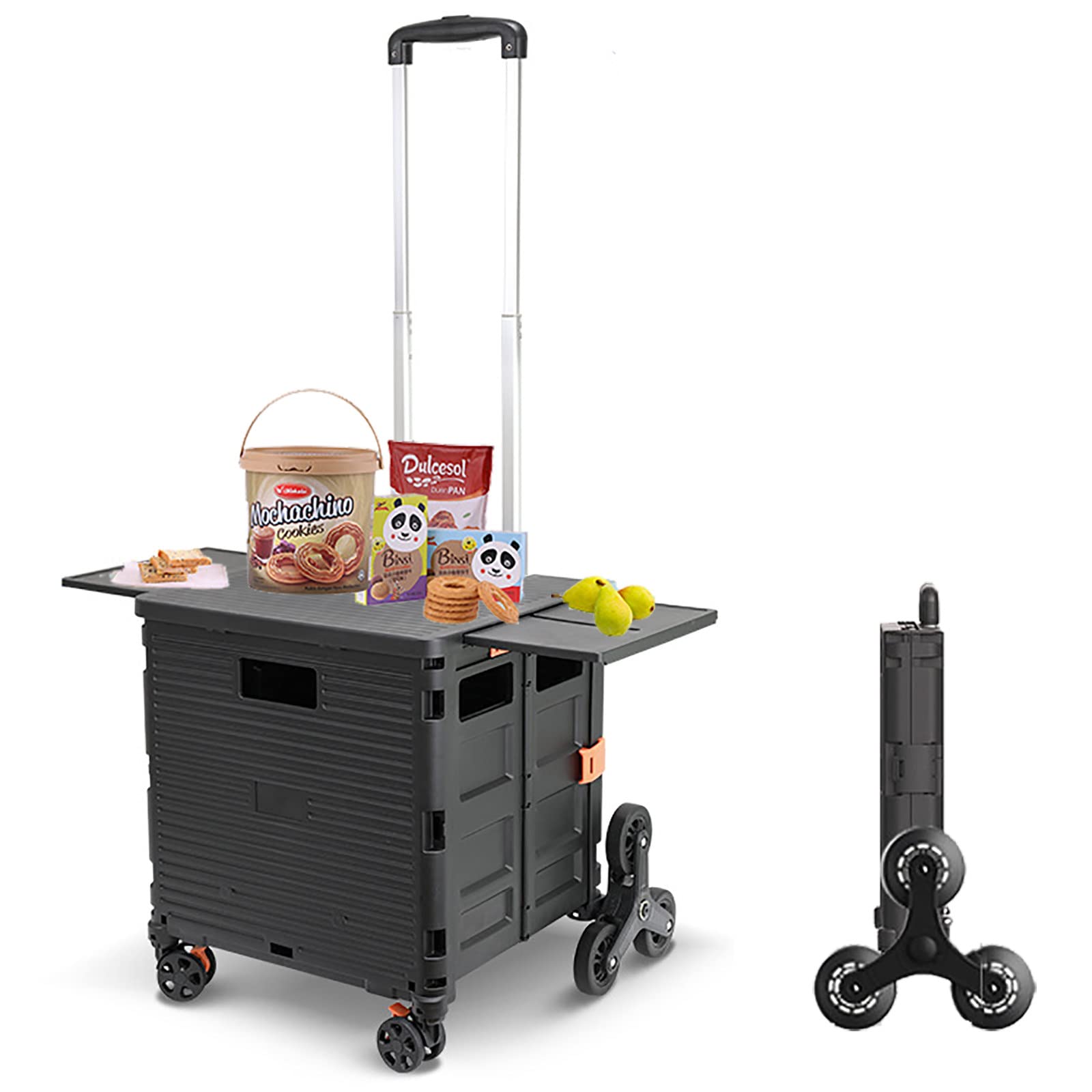 Foldable Shopping Utility Cart with 360° Rolling Wheels & Stair Climbing - Collapsible Handcart with Telescopic Handle & Cover - Ideal for Outdoor Tools, Picnic, Groceries, and Home Storage (Black, 8-Wheels)