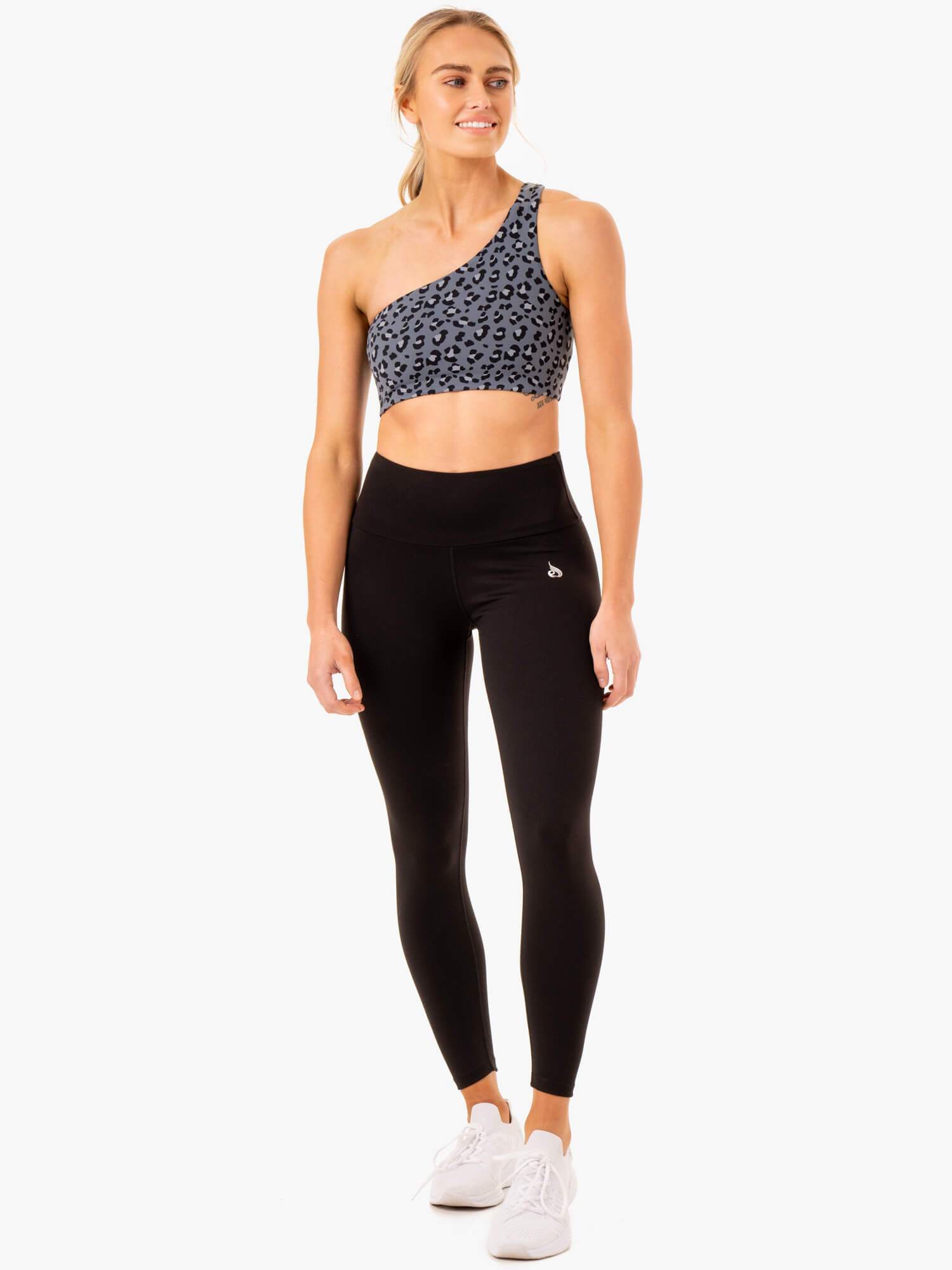 Adapt One Shoulder Sports Bra - Steel Blue Leopard Print - High Support Workout Top for Running, Yoga & Gym