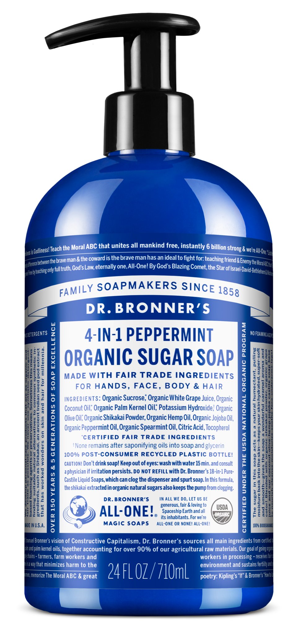 Dr. Bronner's Organic Peppermint Pump Soap - USDA Certified, 18-in-1 Uses, Vegan & Cruelty-Free - Perfect for Hand Wash, Body Wash & Household Cleaning