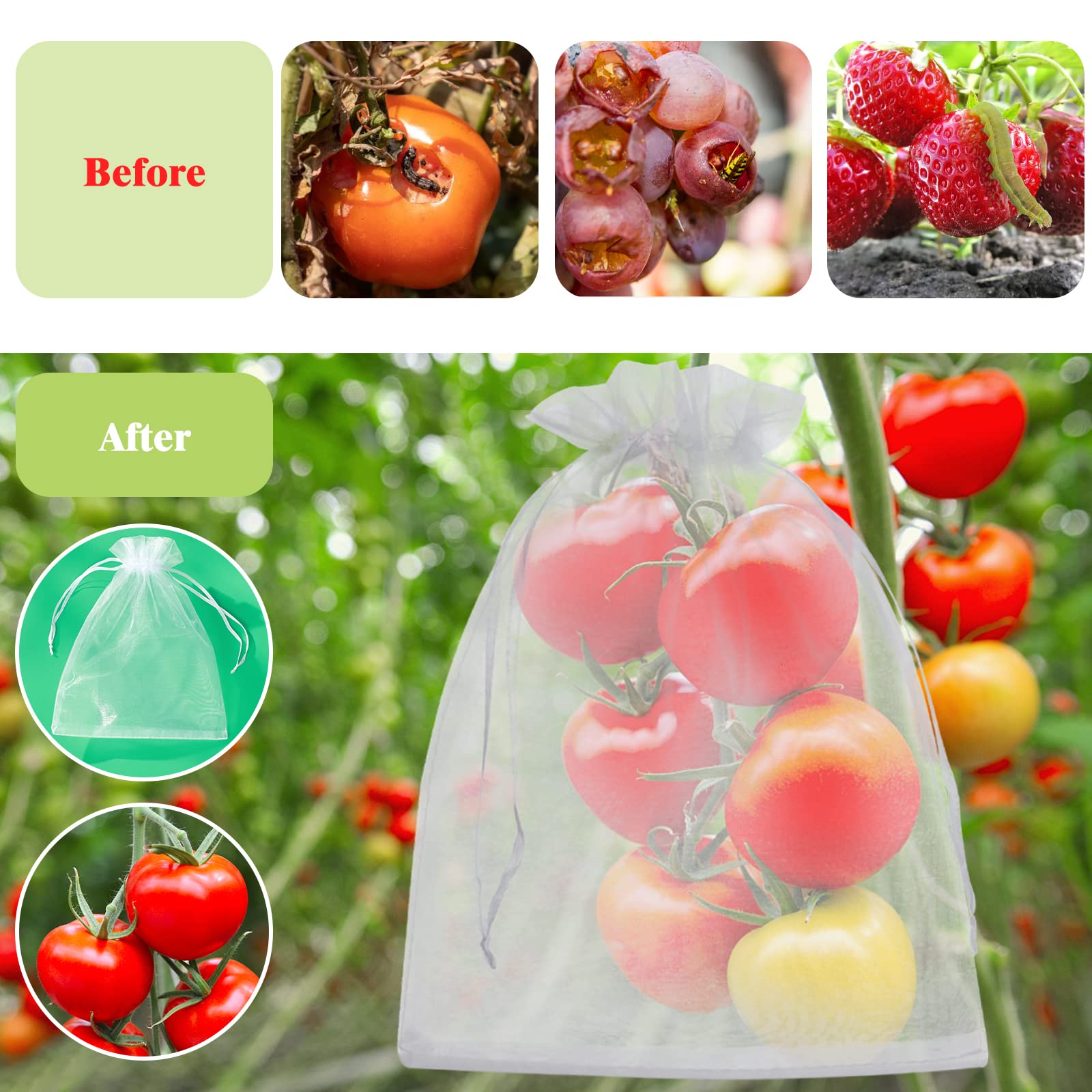 50 Pcs 8x12 Inch White Fruit Protection Bags with Drawstring - Breathable Mesh Netting Bags for Grapes, Mangoes, Apples & Garden Vegetables - Perfect for Organic Farming, Pest Control & Tree Protection