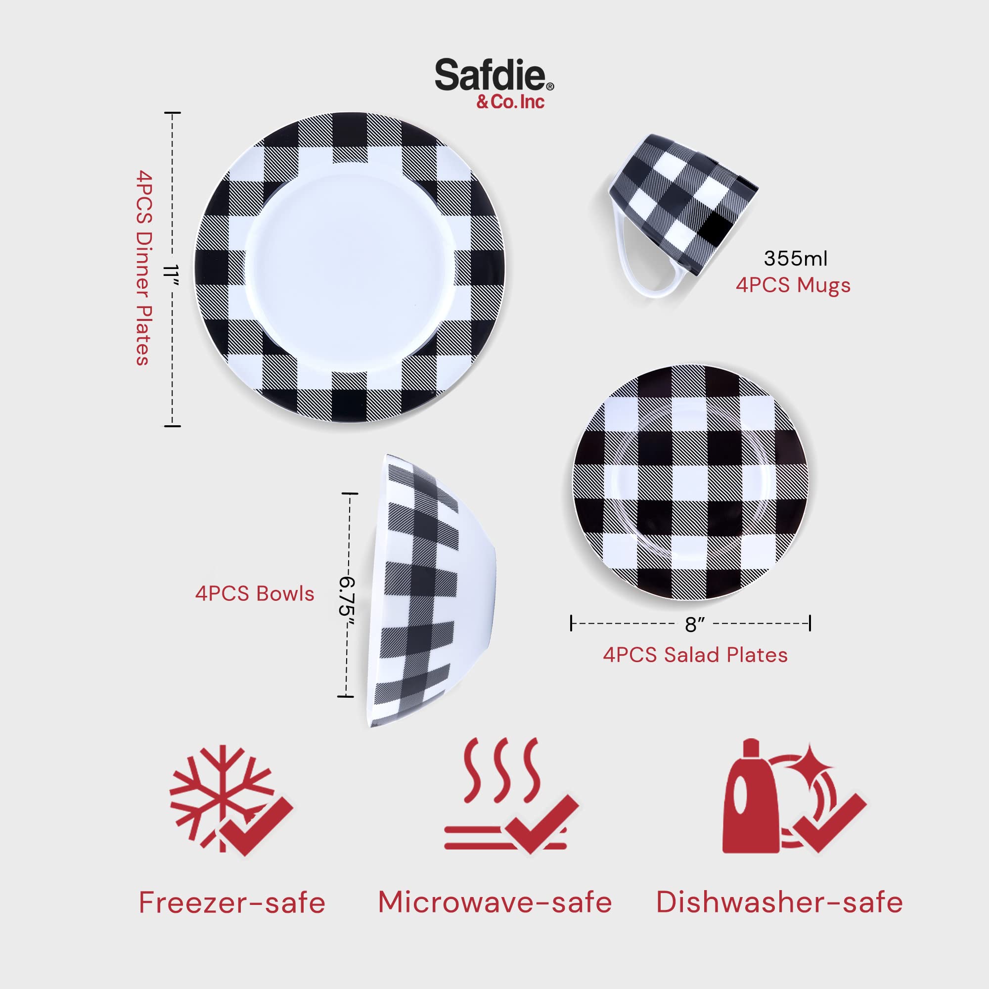 Modern Black & White Plaid 16-Piece Kitchen Dinnerware Set - Frost White Plates, Bowls & Mugs - Dishwasher Safe for Indoor Dining & Entertaining