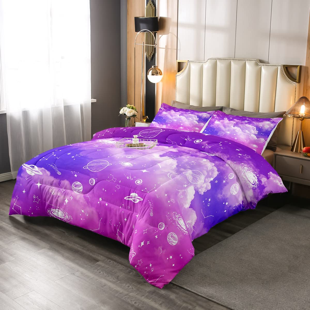 Manfei Twin Size Galaxy Comforter Set - Outer Space Universe Planets Stars Print Quilt Bedding for Kids Boys Girls Room Decor | Purple Starry Sky Duvet Set with Pillowcase | Perfect for Space-Themed Bedrooms & Astronomy Lovers