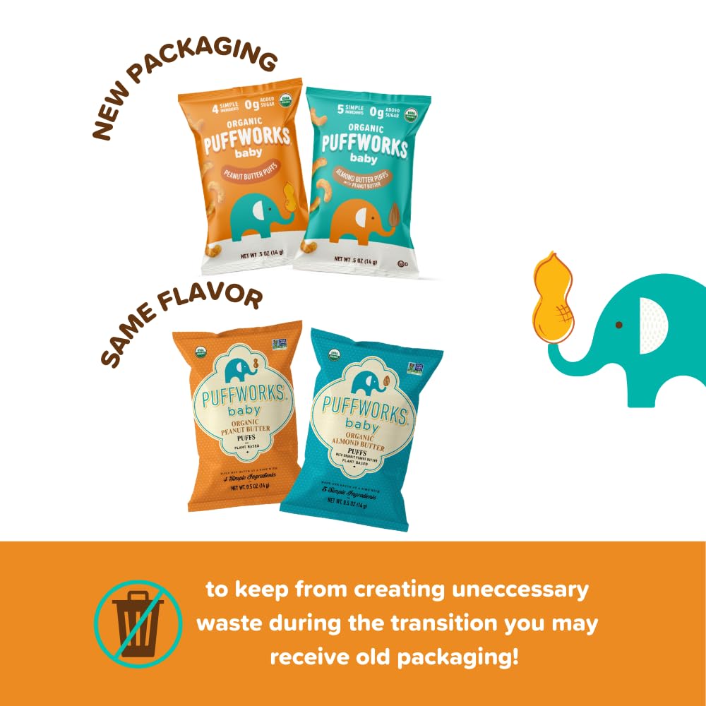 Organic Almond Butter Puffs for Babies with Peanut Butter - Plant-Based Protein Snack, USDA Organic, Gluten-Free, Vegan, Non-GMO, Kosher - 0.5oz (12 Pack) - Perfect for On-the-Go Snacking & Toddler Lunchboxes