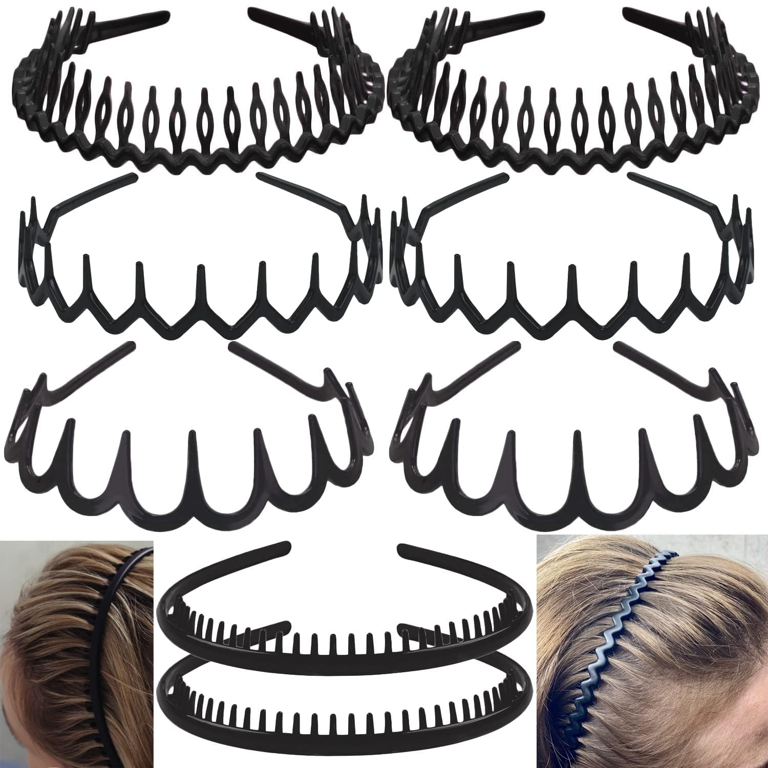 8 PCS Non-Slip Plastic Headbands with Teeth Comb - Matte Black Skinny Hair Bands for Women, Men & Teens - Perfect for Workouts, Sports and Everyday Styling