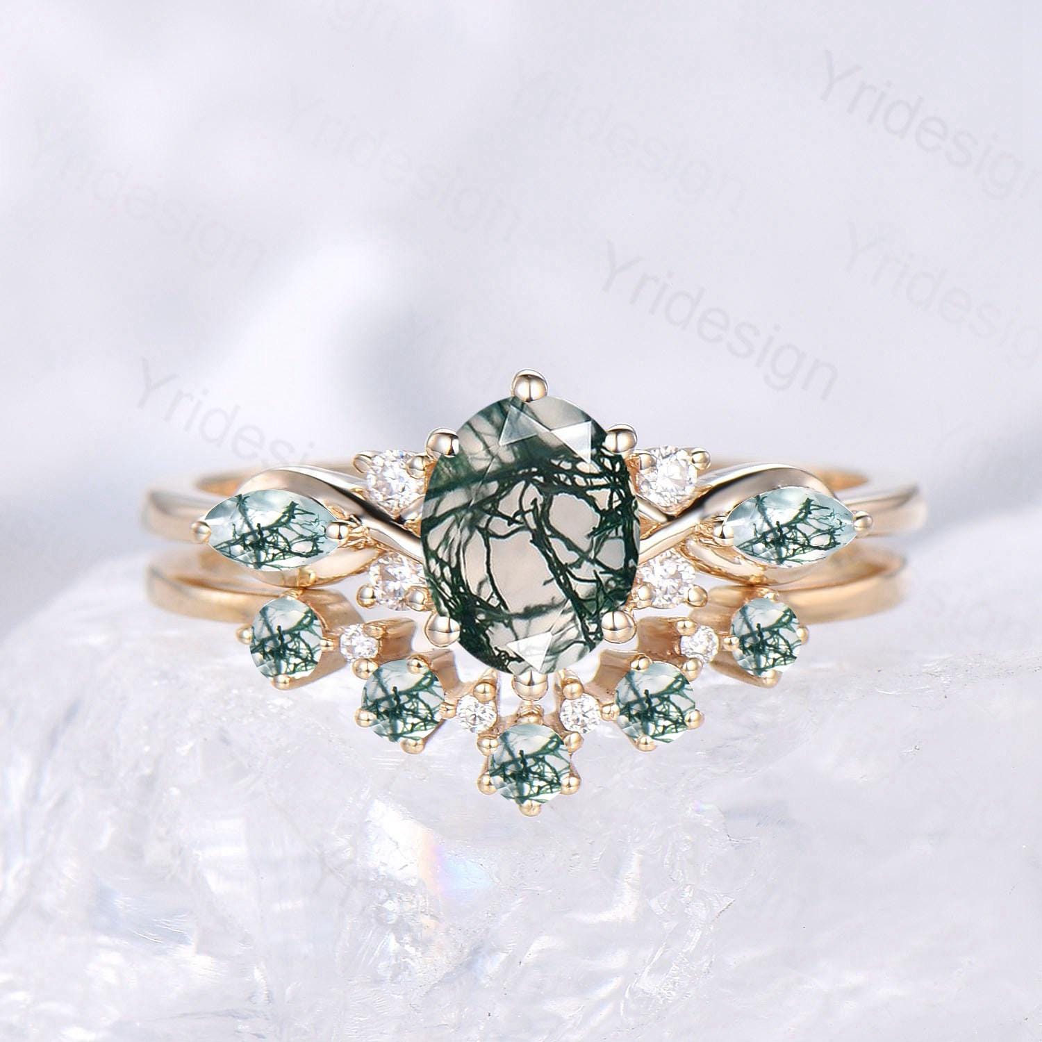 1CT Oval Cut Green Moss Agate Engagement Ring Set - Marquise Natural Green Gemstone Cluster Ring in Sterling Silver & 14K Yellow Gold Bridal Jewelry for Women | Perfect for Proposals, Anniversaries & Special Occasions
