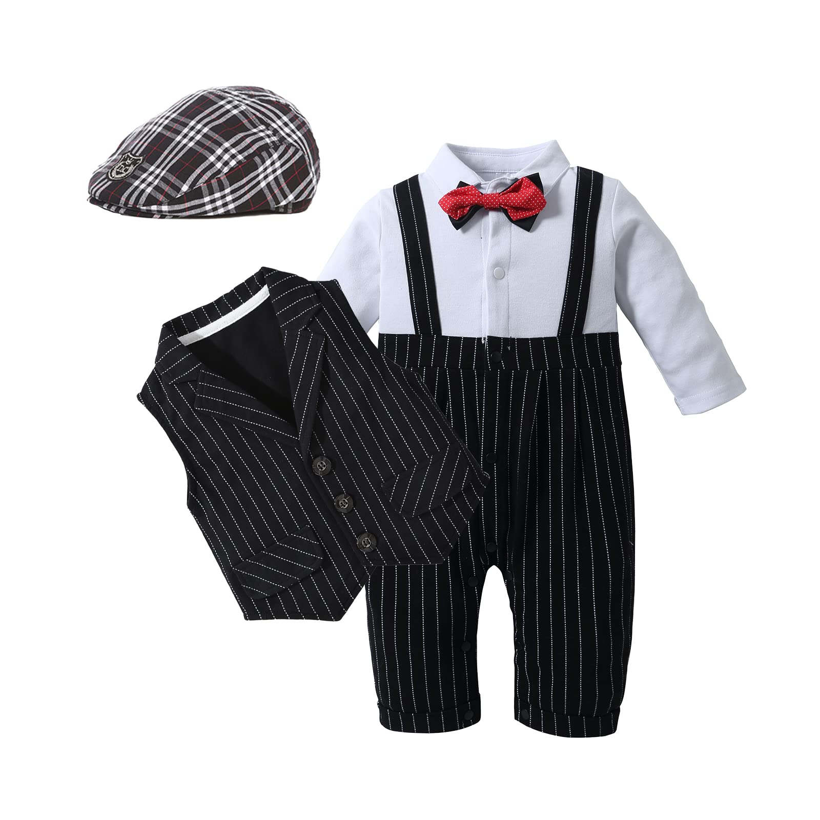Baby Boy Suit Set - One-Piece Romper with Vest, Beret & Bowtie for 0-24 Months | Newborn Photoshoot Outfit, Christening & Special Occasion Formal Wear