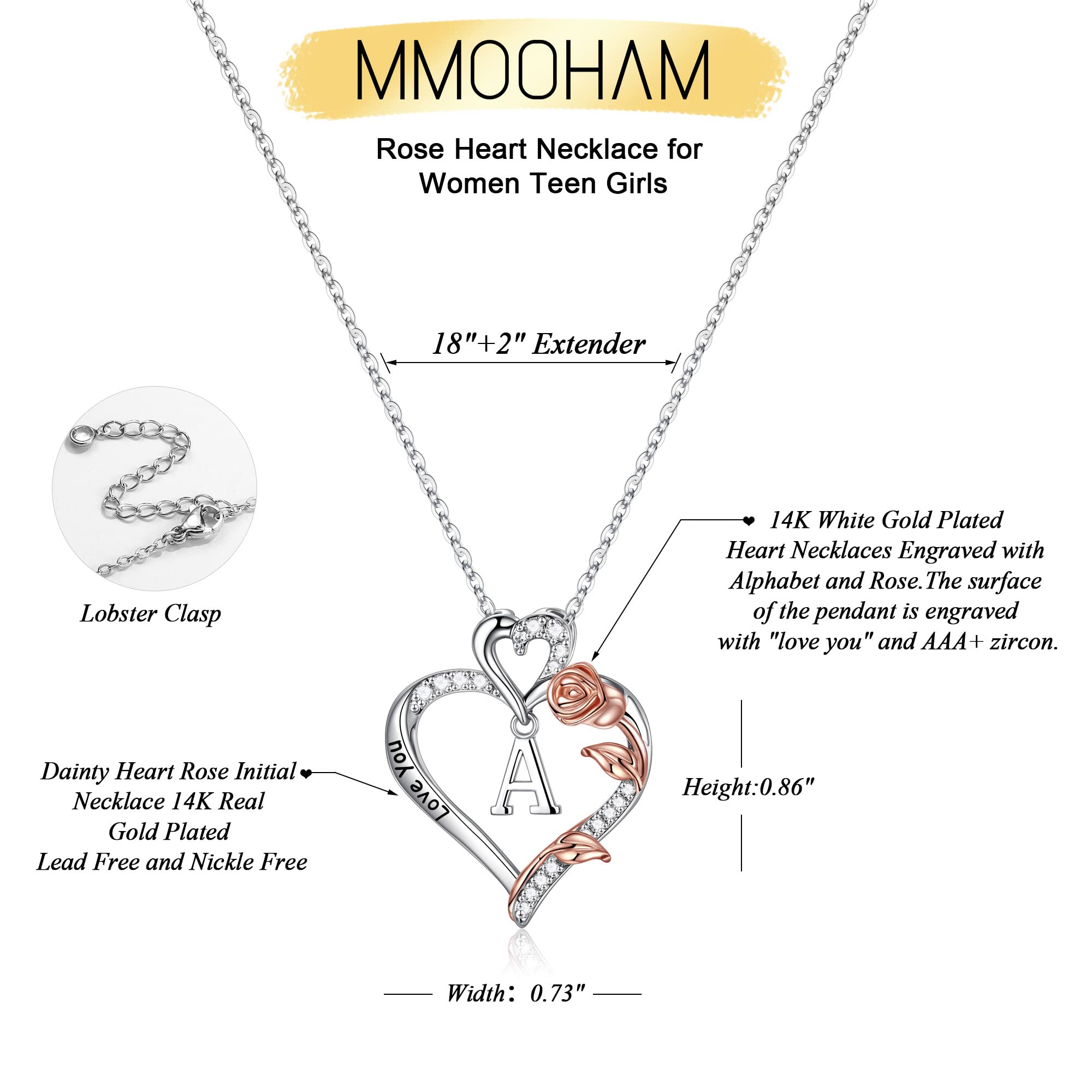 Rose Heart Initial Pendant Necklace for Women - Personalized Jewelry Gift for Mom, Wife, Girlfriend, Daughter | Christmas, Valentine's, Anniversary & Birthday Present | Elegant Layering Necklace for Everyday Wear & Special Occasions