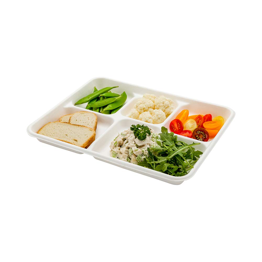 Restaurantware 100-Pack White Bagasse Disposable Plates - 5-Compartment Rectangular Microwavable Plates for Salads, Meals & Takeout | Eco-Friendly Pulp Tek Ounce Plates (Lids Sold Separately) | Perfect for Catering, Parties & Food Service