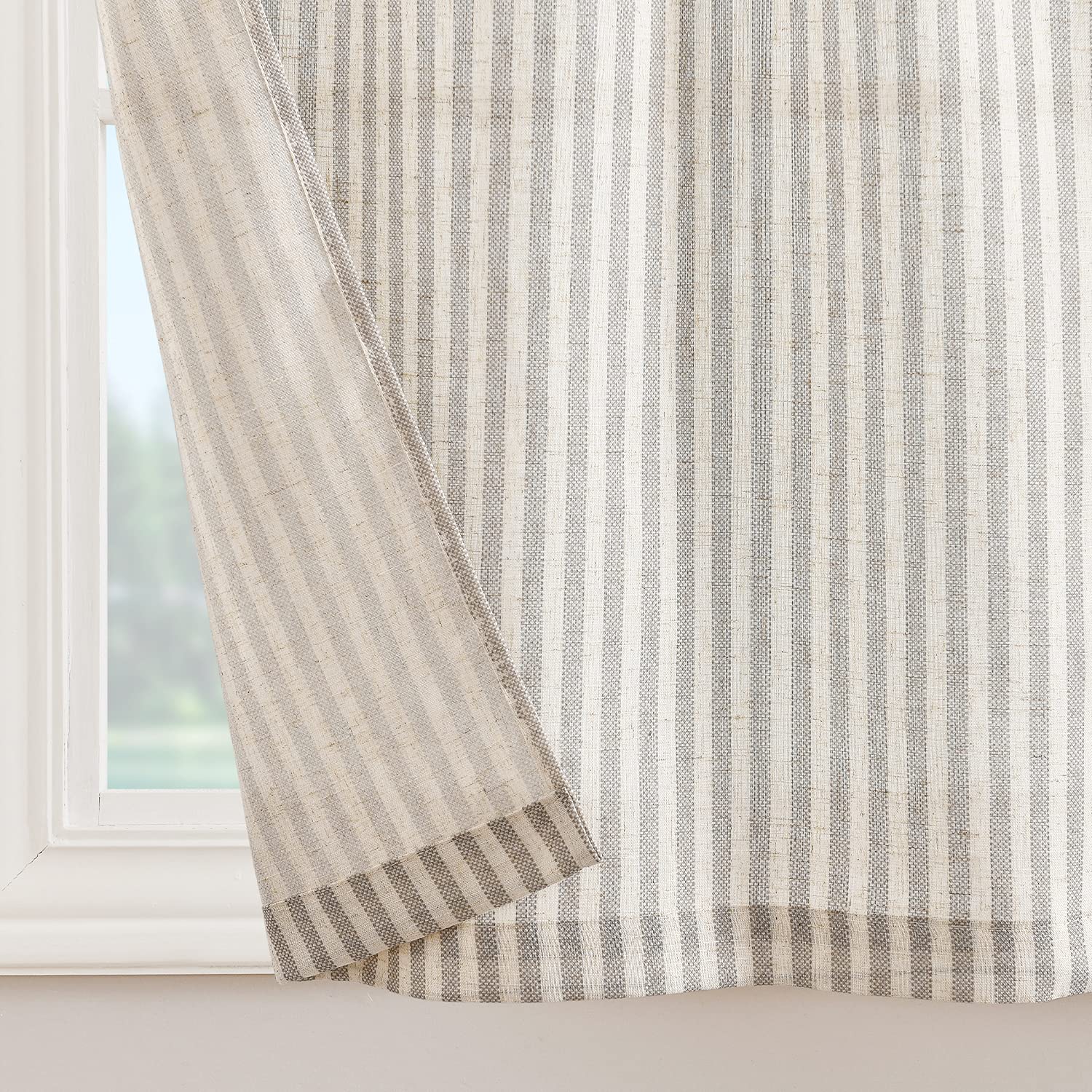 Jinchan 24 Inch Linen Kitchen Curtains - Striped Tier Window Drapes with Rod Pocket, Ticking Stripe Design for Farmhouse, Bathroom & Living Room | 2 Panels in Taupe | Perfect for Small Windows, Cafes & Rustic Home Decor