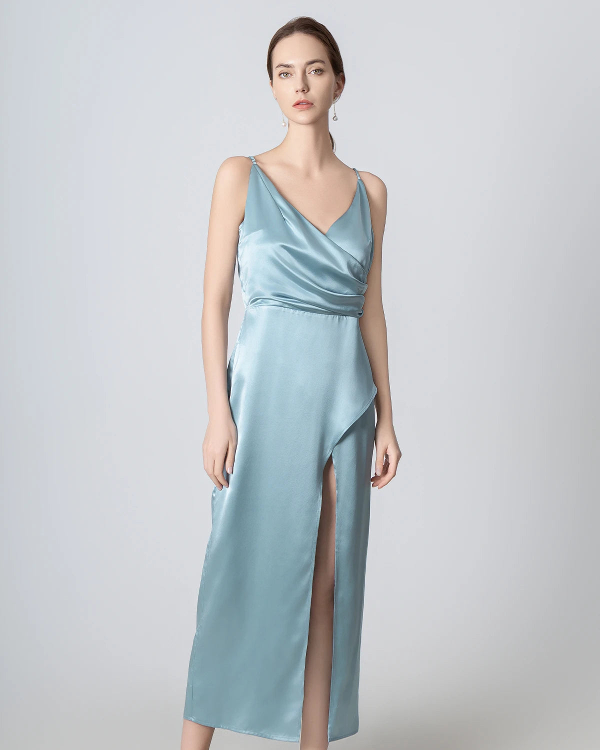 Elegant V-Neck High Slit Silk Maxi Dress for Women - Luxury Evening Gown for Parties, Weddings & Special Occasions