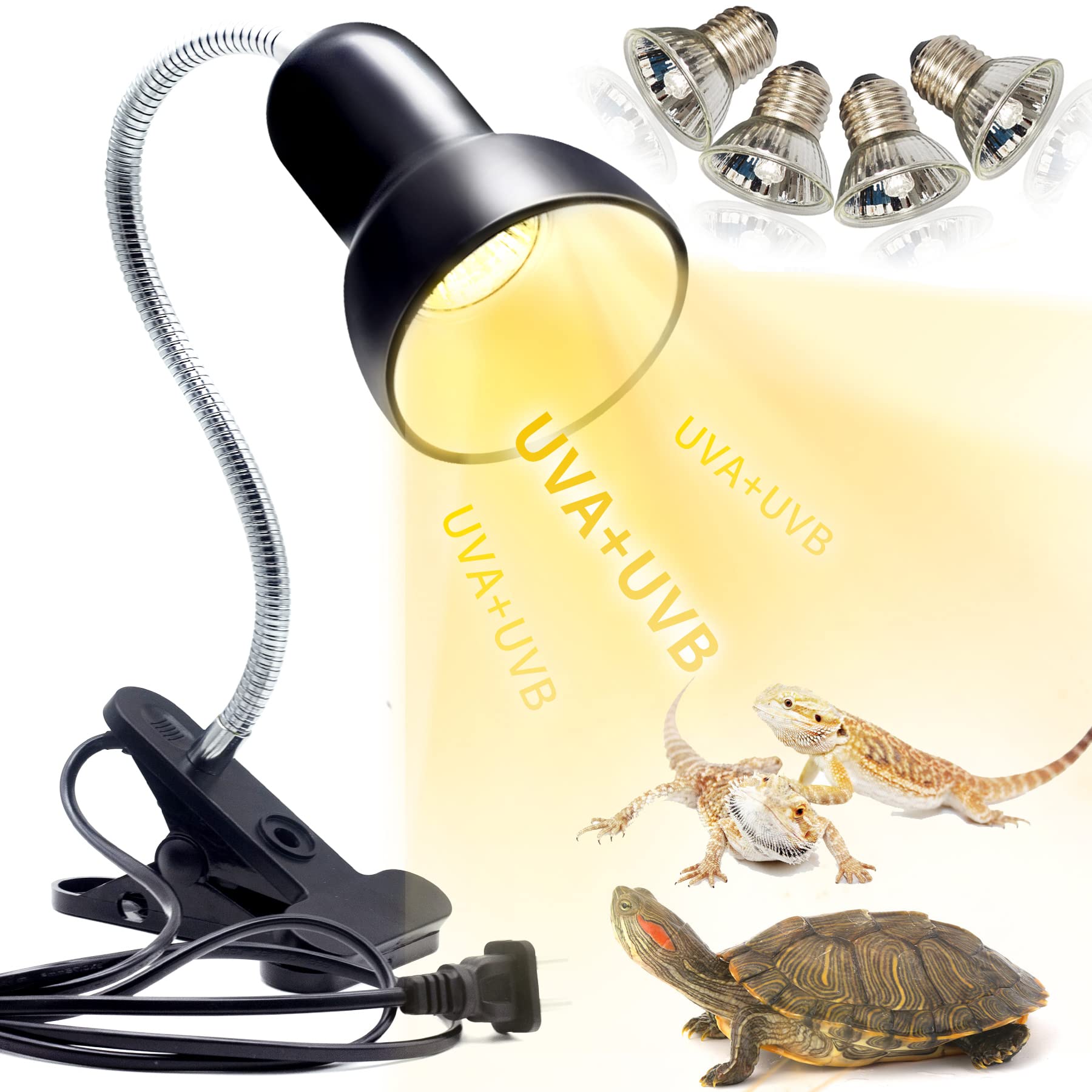 Reptile Heat Lamp with UVA UVB - Basking Spot Light for Turtles, Tortoises, Snakes & Lizards | 3 Heat Bulbs Included | Terrarium & Aquarium Heating Fixture with Switch Holder | Perfect for Day/Night Cycle & Habitat Temperature Control