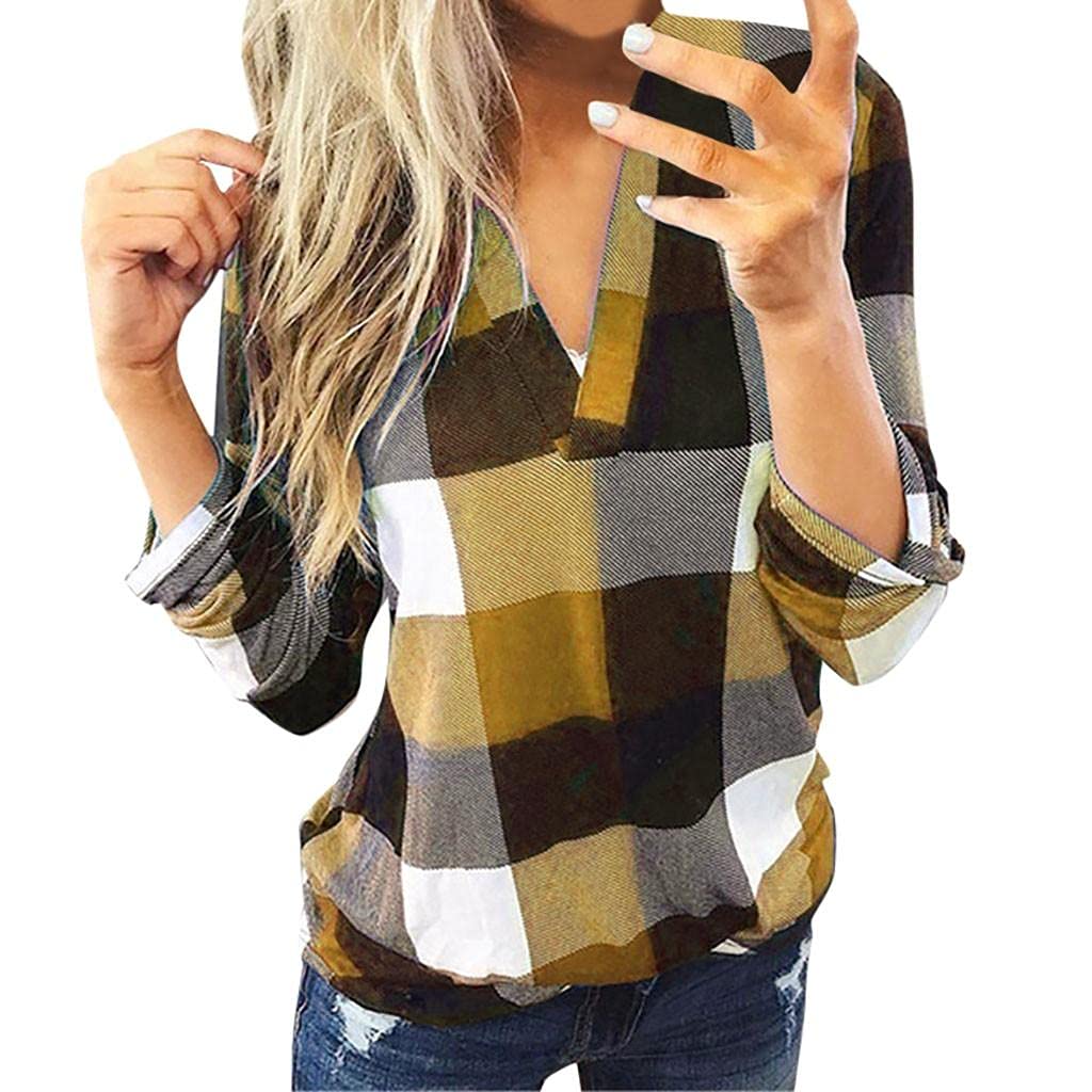 Women's Casual Plaid Shirts - Roll-Up Sleeve V-Neck Pullover Sweatshirt & Tunic Top for Everyday Wear | Perfect for Work, Outings, and Layering Outfits