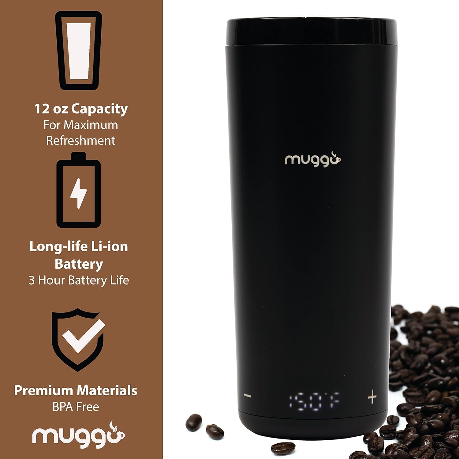 Muggo 12 oz Self-Heating Coffee Mug with 3-Hour Battery Life - USB Rechargeable Travel Mug for Coffee, Tea & Hot Beverages - Perfect for Office, Commuting & Outdoor Activities